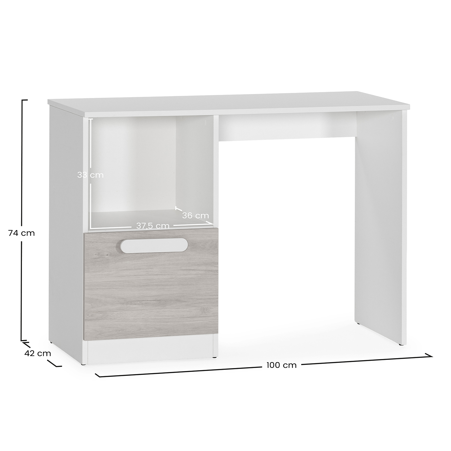 Escritorio blanco moderno con cajón de acento de madera y compartimentos abiertos.