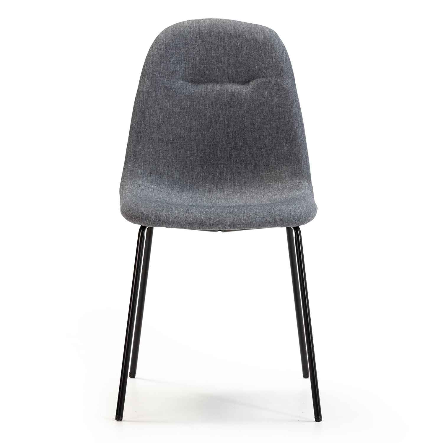 Una silla de tela gris con patas delgadas de metal negro, sobre fondo blanco.