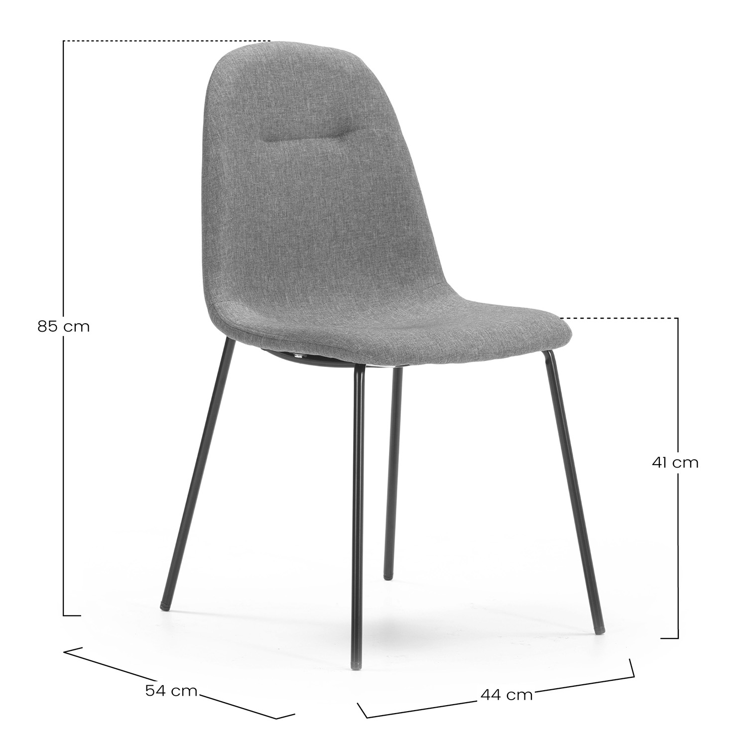 Silla de tela gris con patas de metal negro. Se indican las dimensiones.