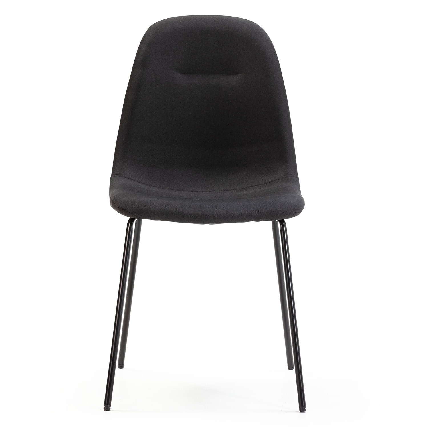 Silla negra de tela con patas delgadas de metal negro, aislada.