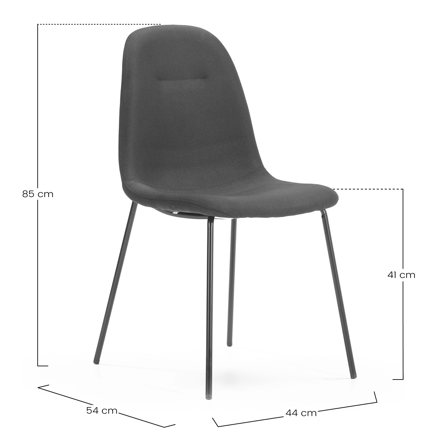 Una silla de tela oscura con cuatro patas metálicas delgadas. Medidas: 85x54x44x41 cm.