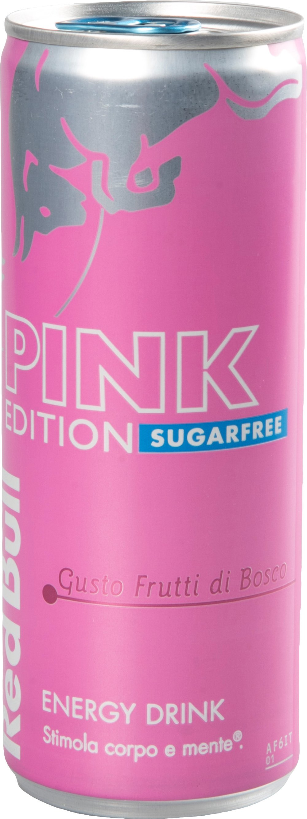 Una lattina rosa Red Bull con etichetta PINK EDITION SUGARFREE.