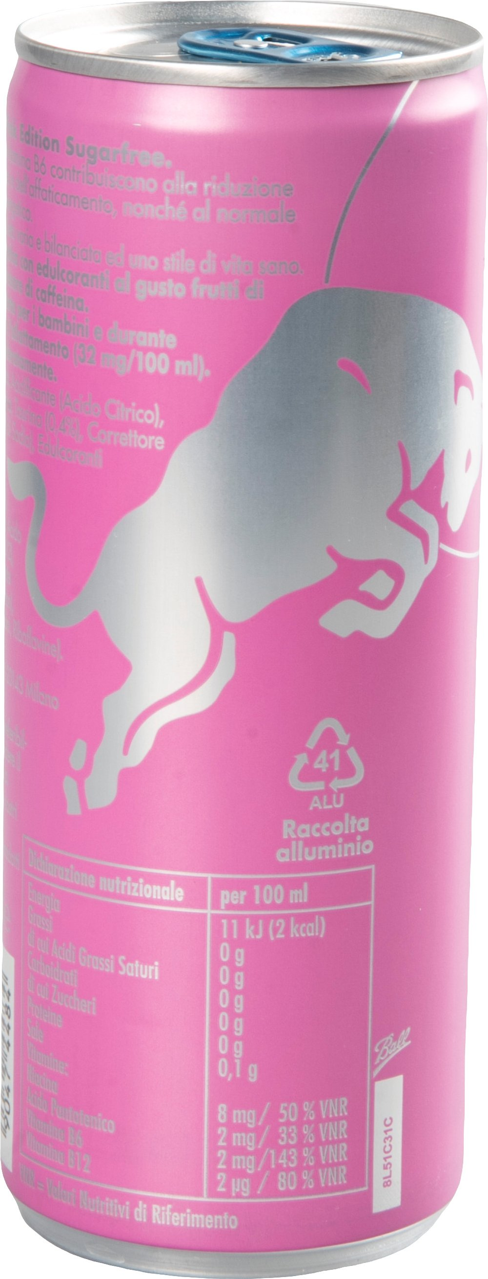 Una lattina rosa senza zuccheri con il logo Red Bull e informazioni nutrizionali.