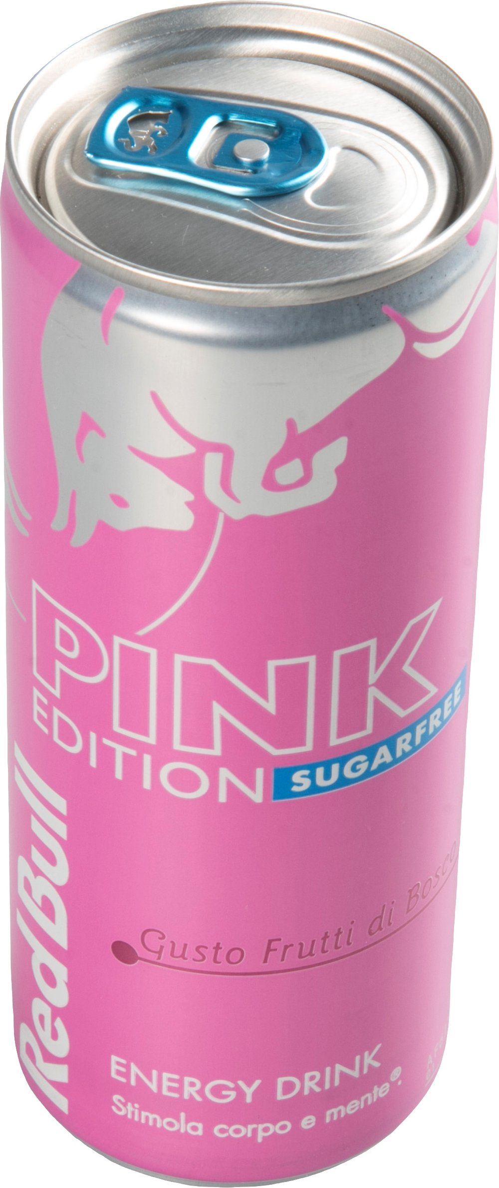 Una lattina rosa Red Bull con etichetta Pink Edition Sugarfree.