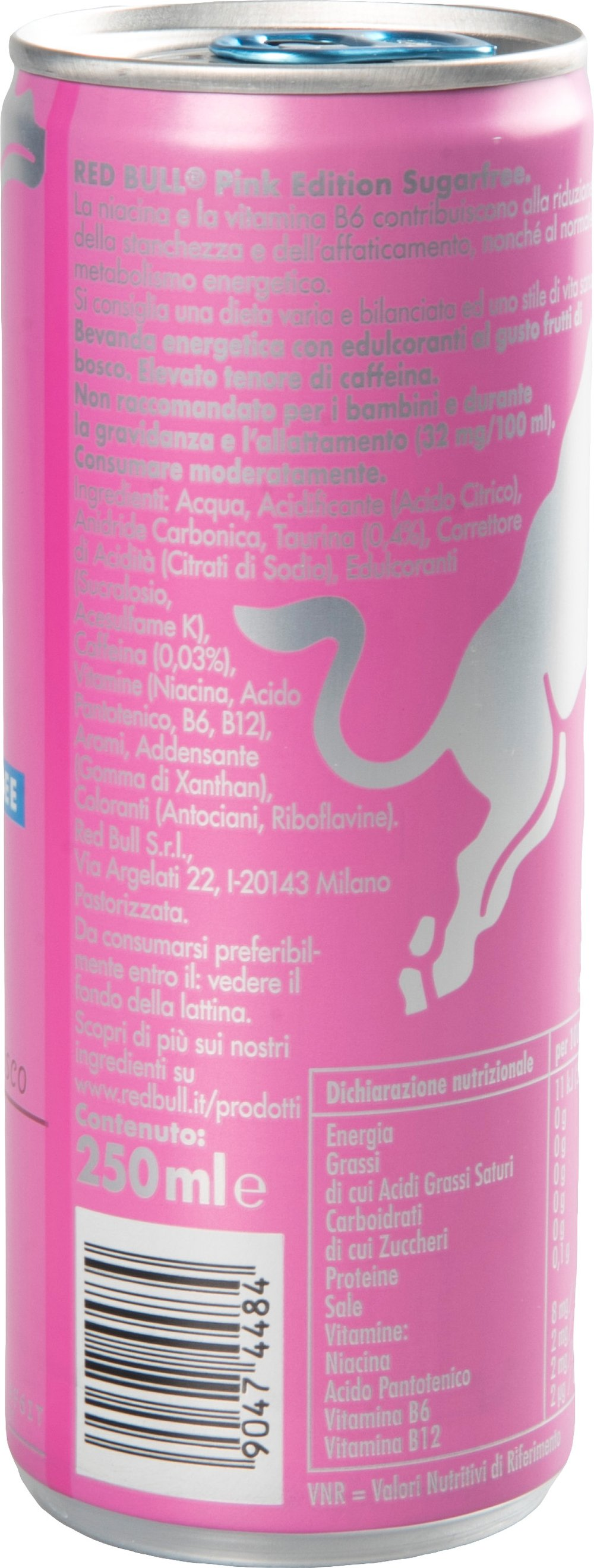 Una lattina rosa di Red Bull Sugarfree, con niacina e vitamina B6.