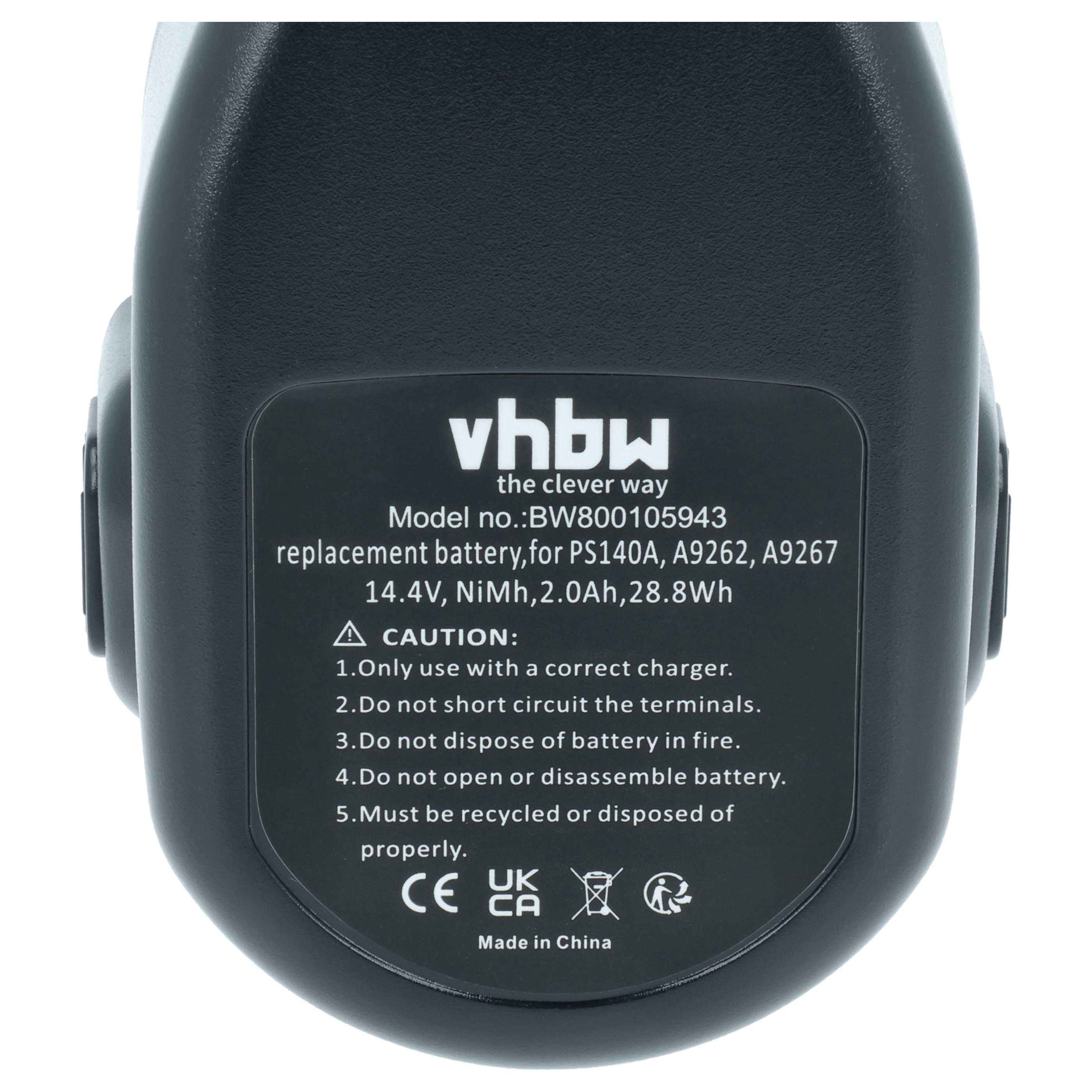 Schwarzer vhbw Ersatzakku mit Modell-, Spannungs- und Warnhinweisen. Made in China.