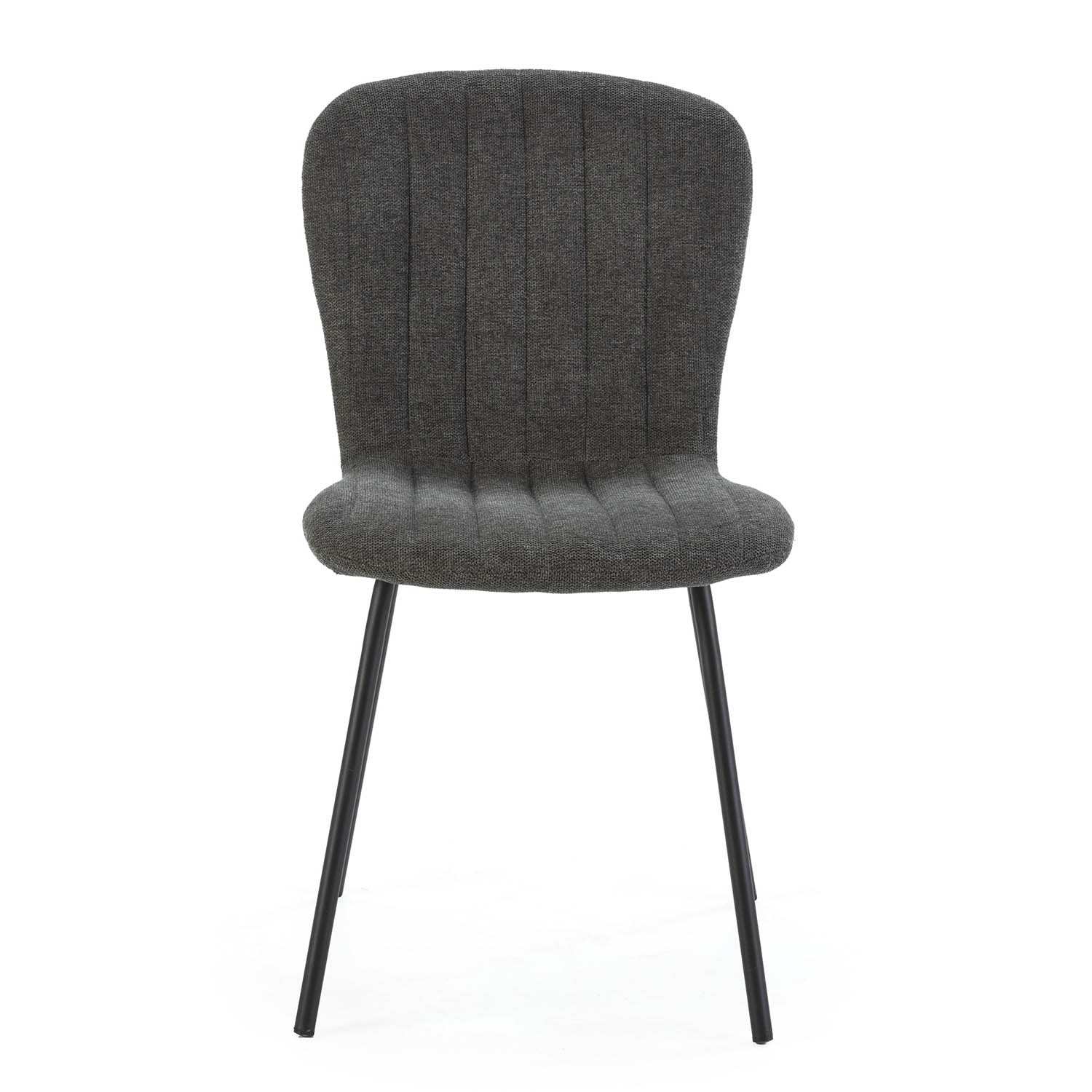 Una silla de tela oscura con respaldo y asiento acolchados sobre patas de metal negro.