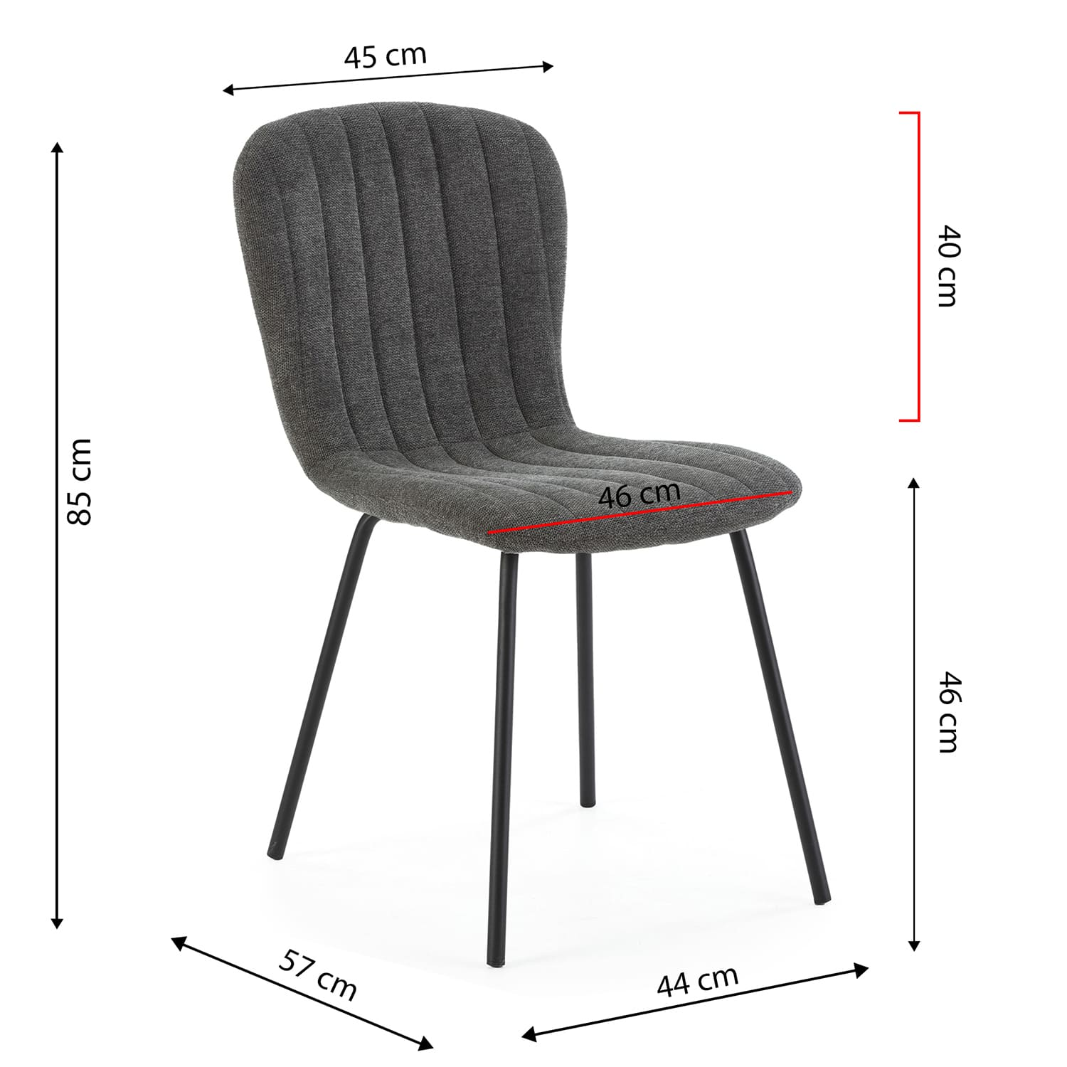 Silla tapizada gris oscuro con patas de metal negro, dimensiones mostradas.