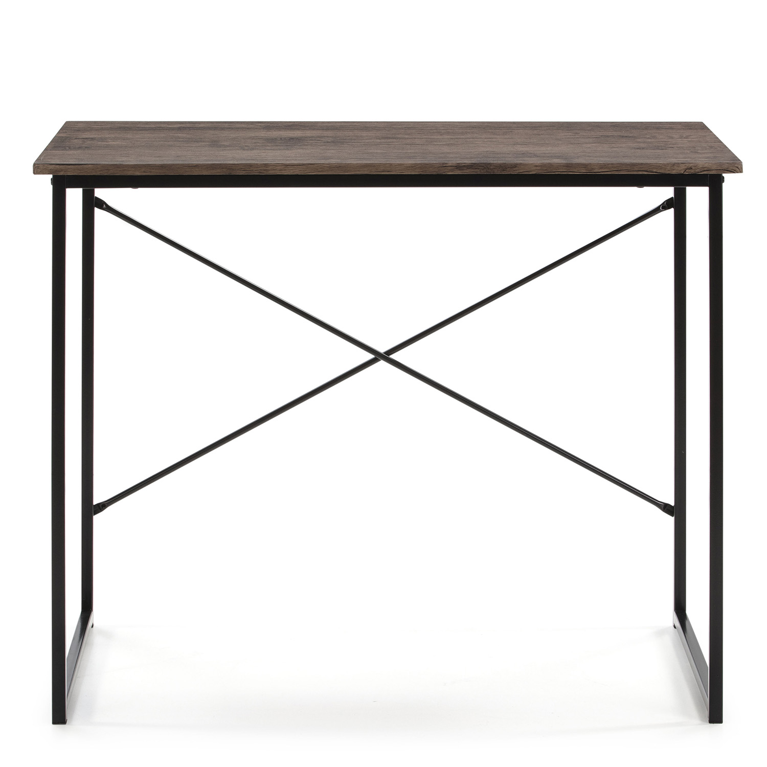 Un escritorio estrecho con tablero de madera oscura y estructura de metal negro.
