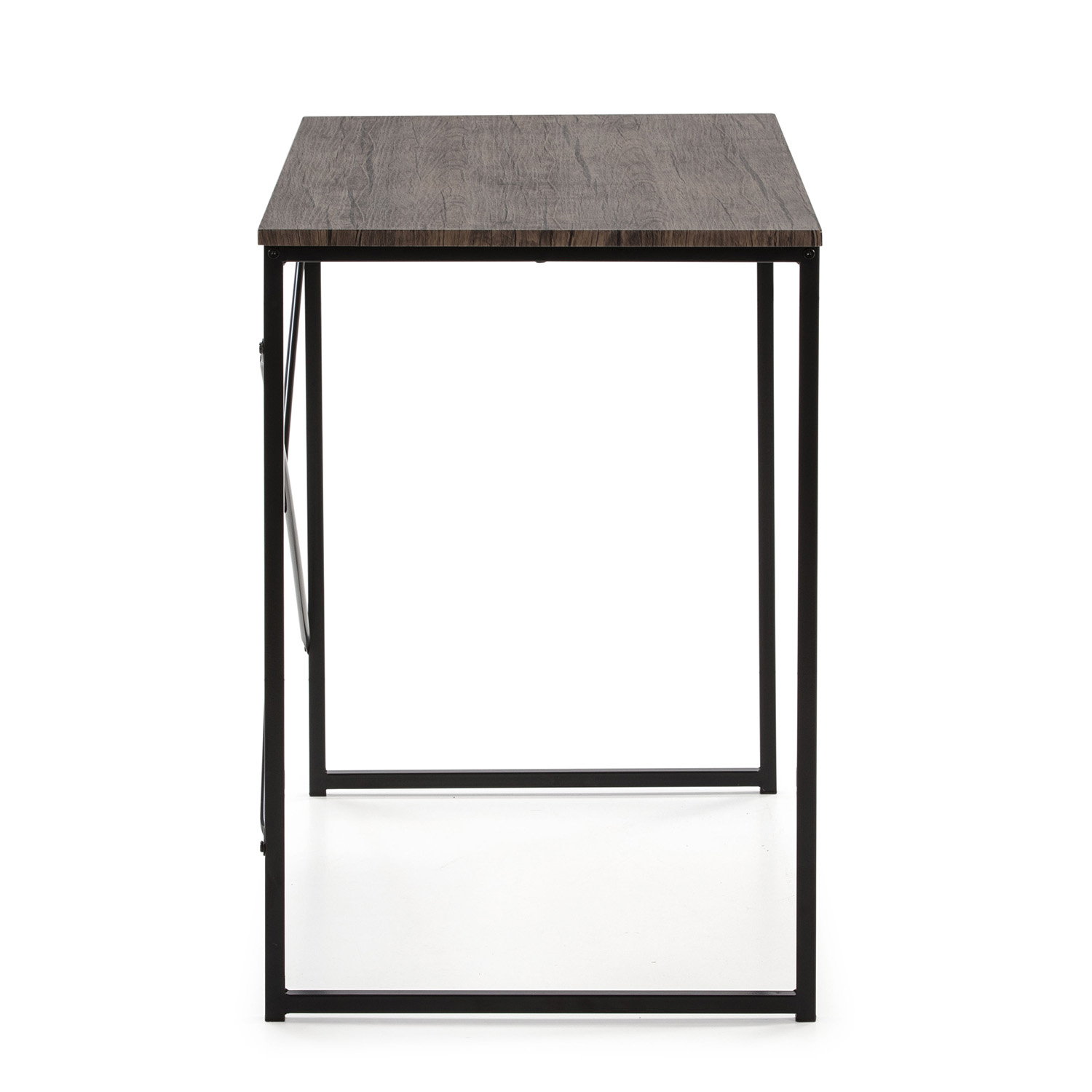 Un escritorio sencillo con tablero de madera oscura y marco de metal negro.