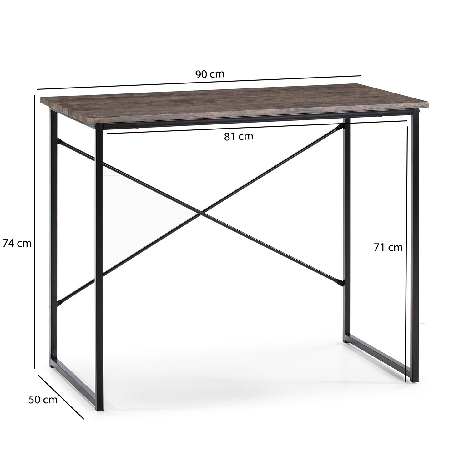 Un escritorio de madera oscura con patas de metal negro, medidas 90x50x74cm.