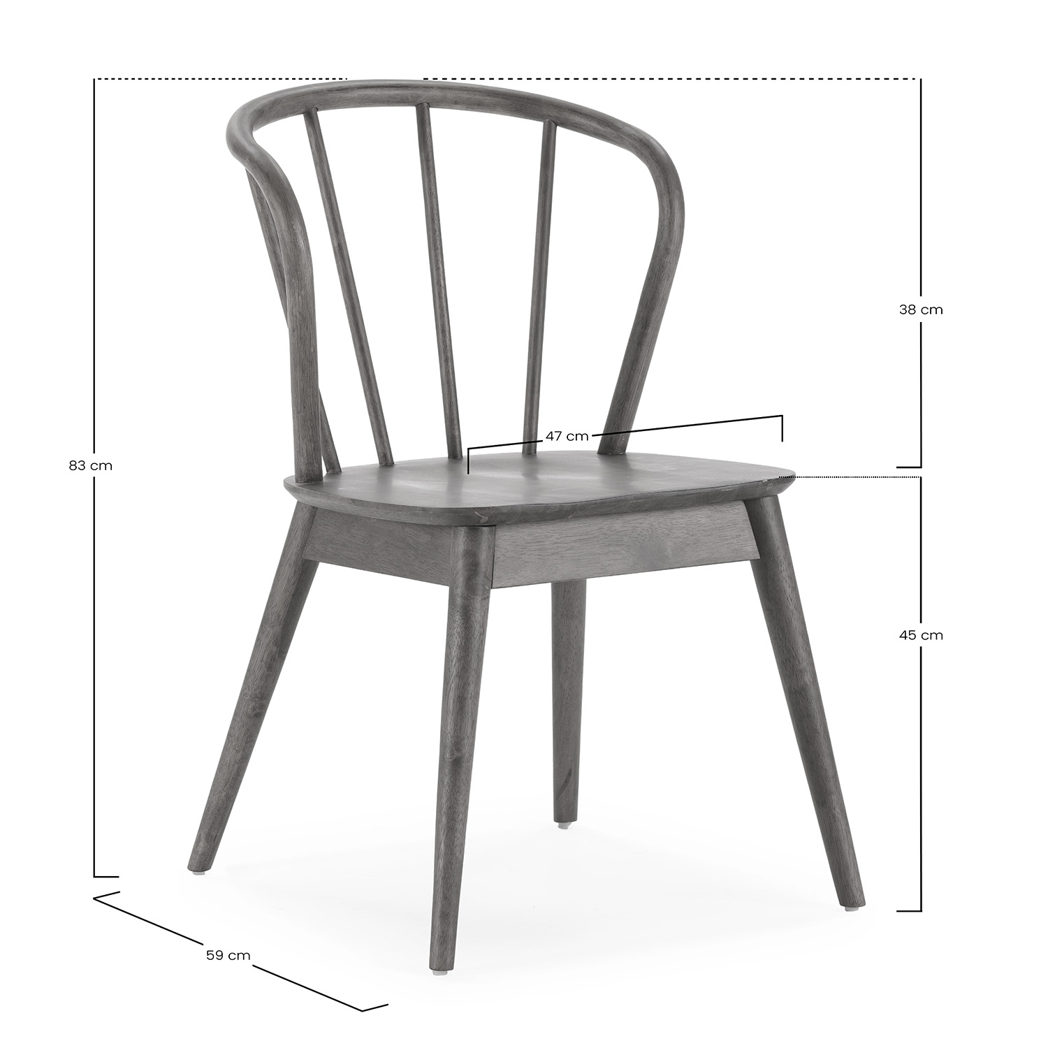 Silla de madera gris con respaldo curvo y patas finas, medidas indicadas.