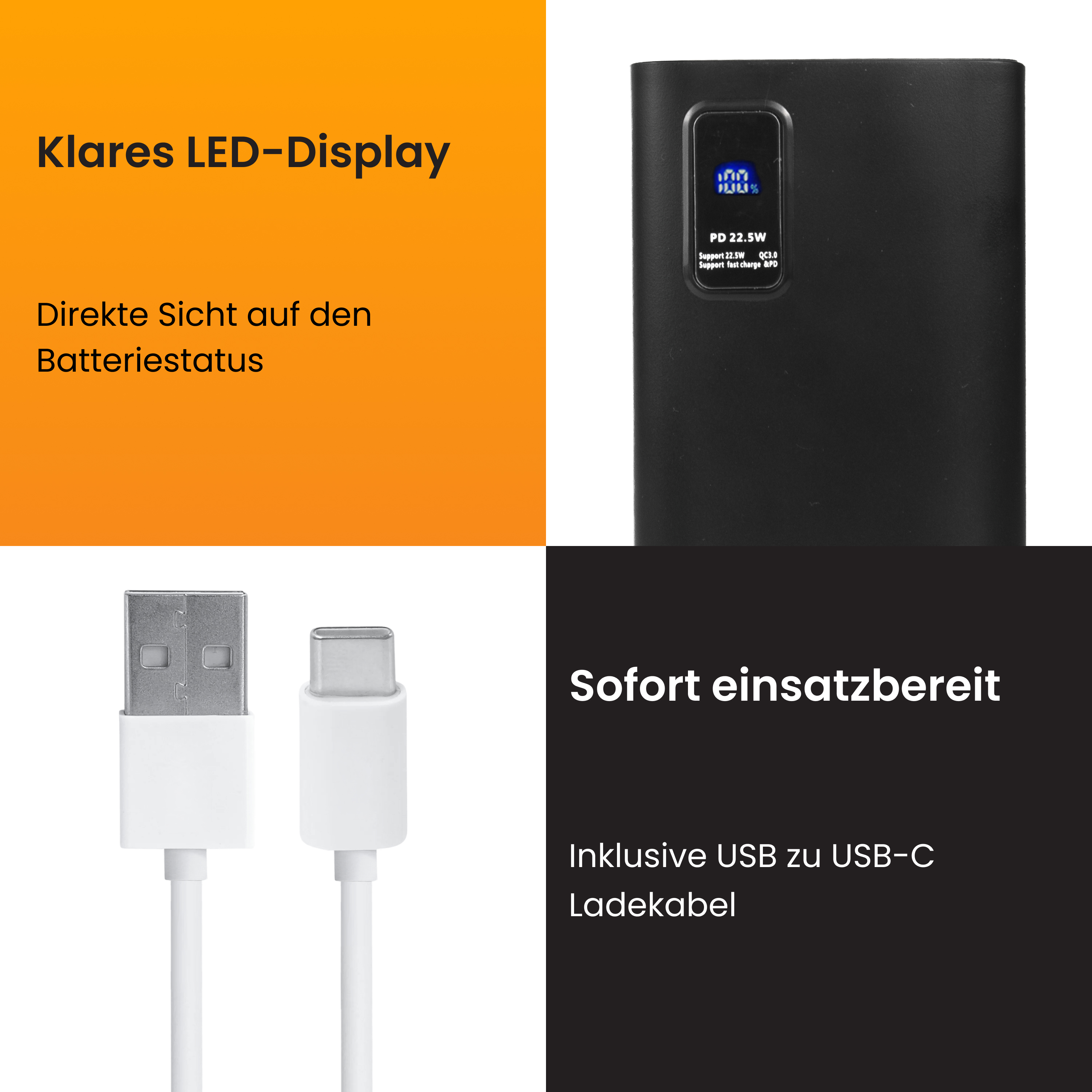 Schwarzes Powerbank mit LED-Display und USB-C Ladekabel.