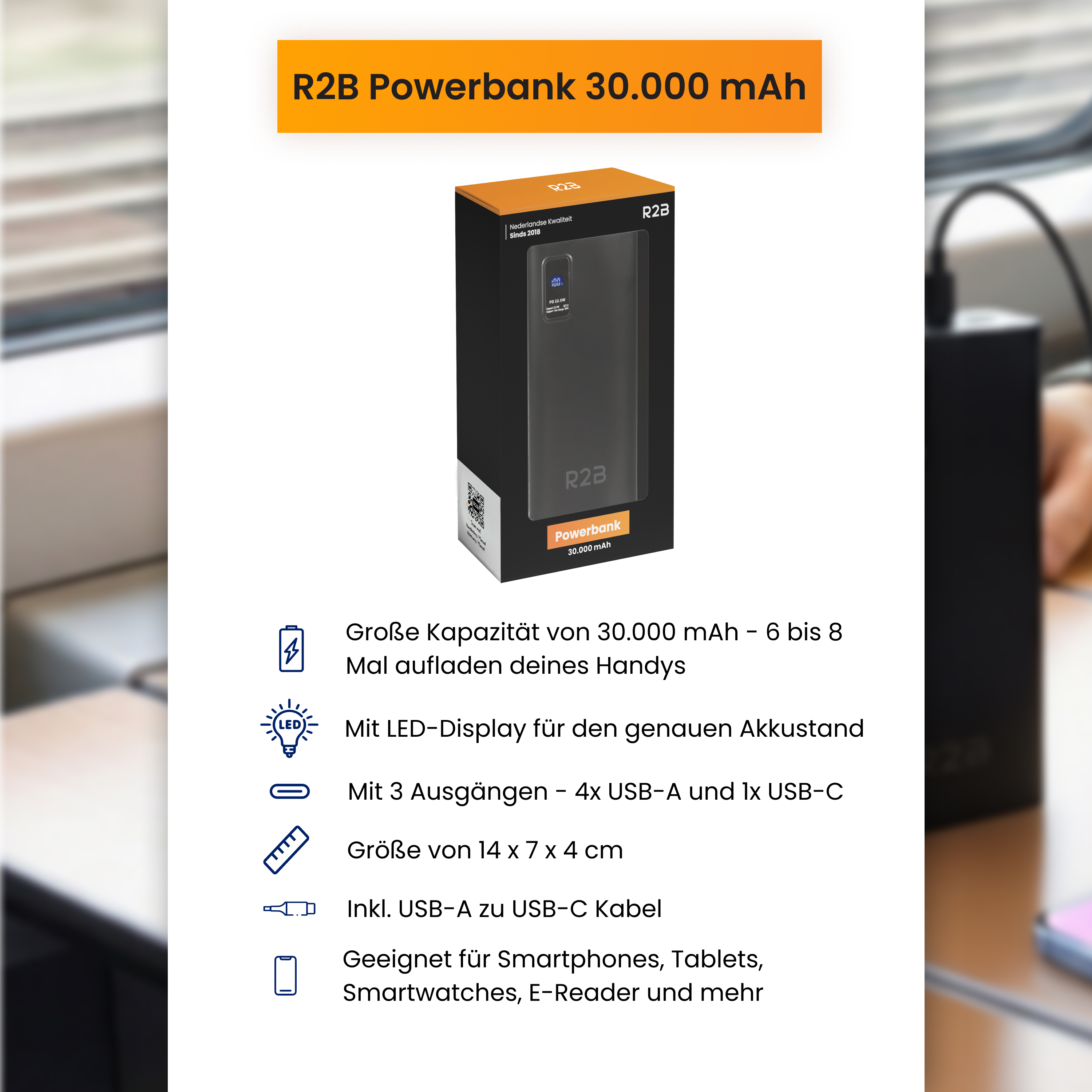 R2B Powerbank 30.000 mAh mit LED-Display, 3 Ausgängen, inkl. Kabel.