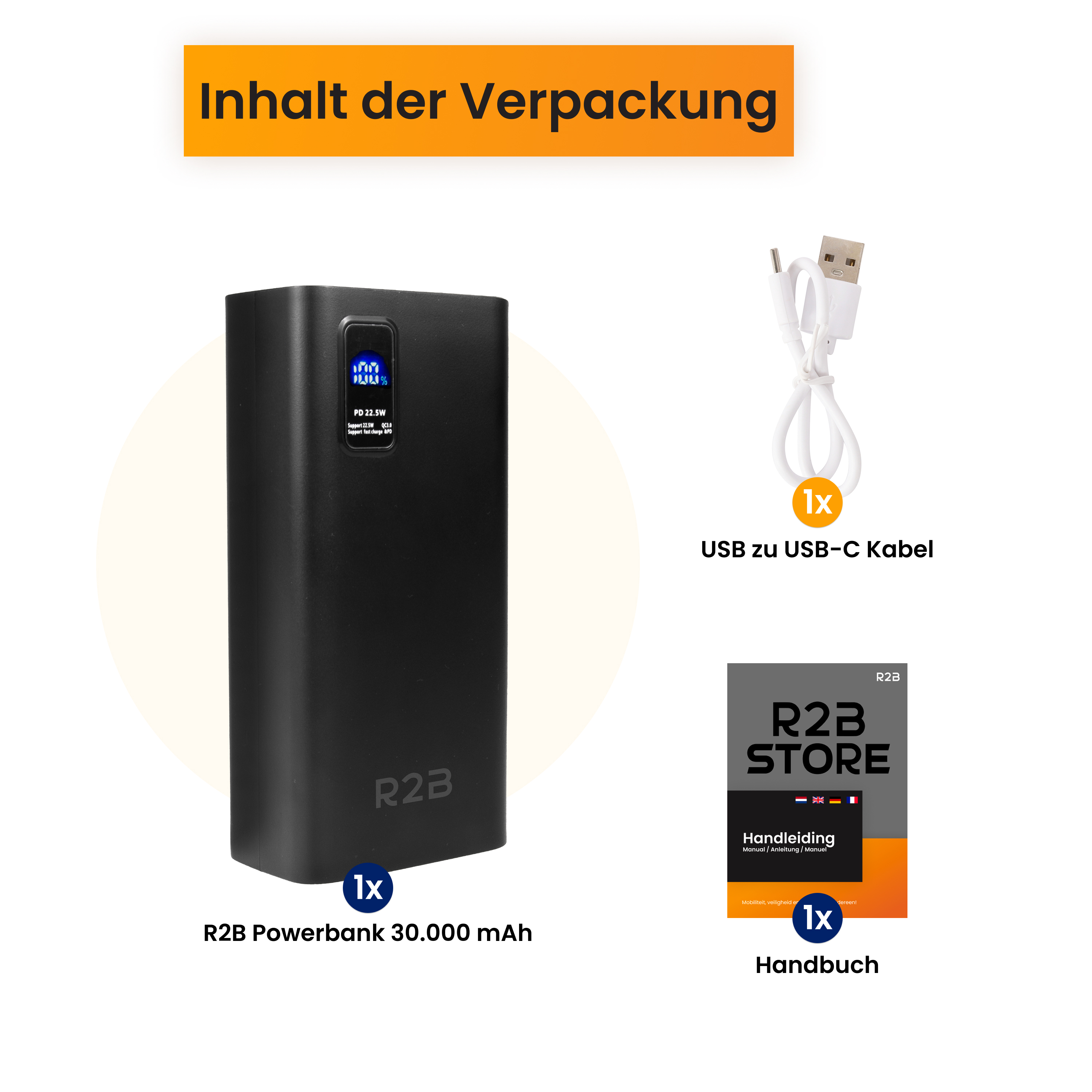 Schwarze R2B Powerbank 30.000 mAh, weißes USB-C Kabel, Handbuch.