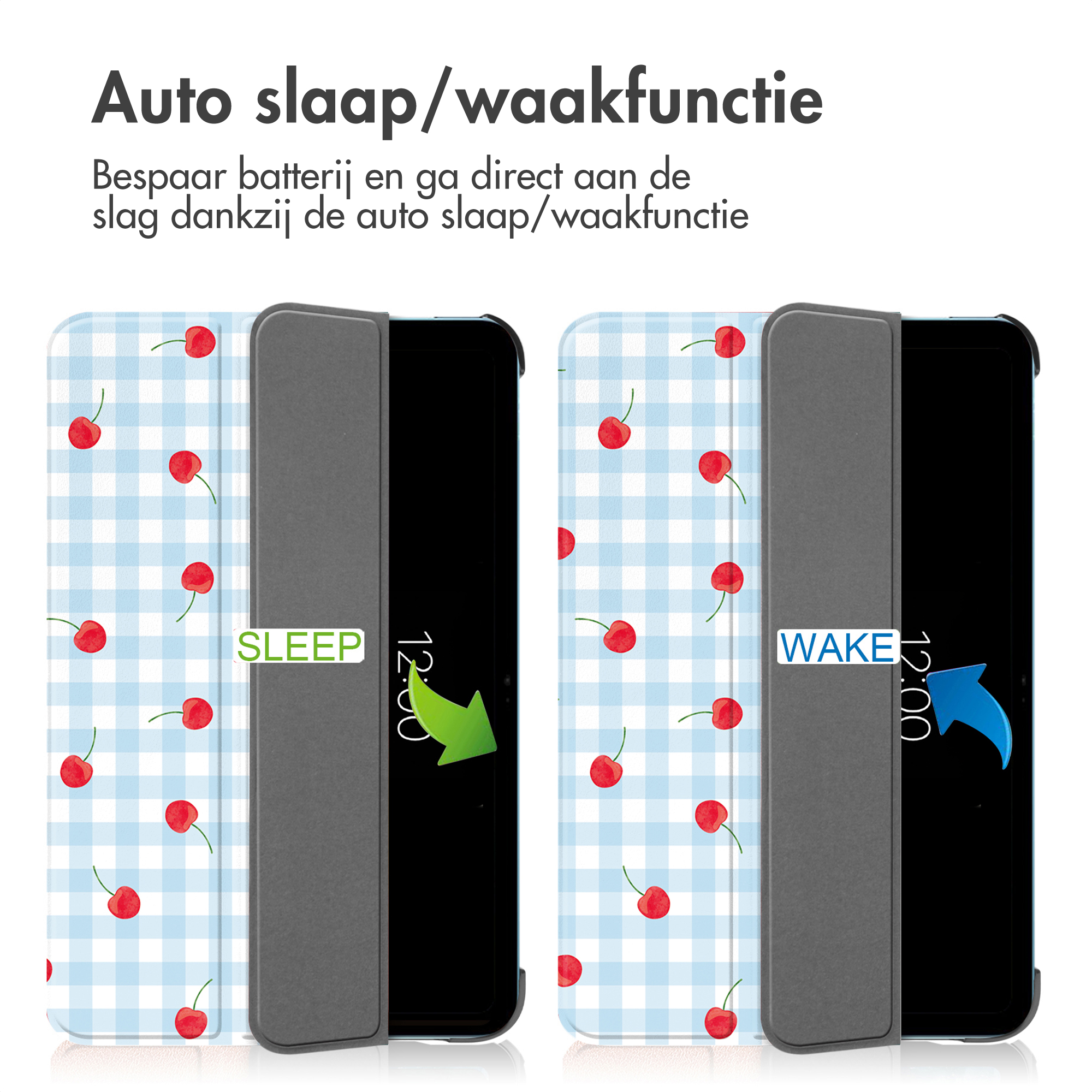 Tablethoes met kersenpatroon: Slaap- en waakfunctie.