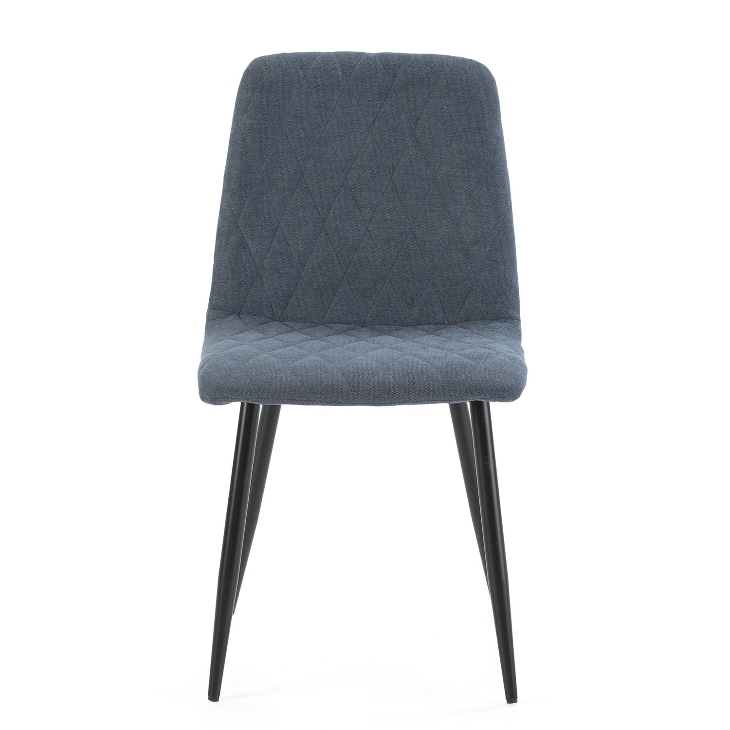 Una silla tapizada gris con patrón de rombos y patas negras de metal.