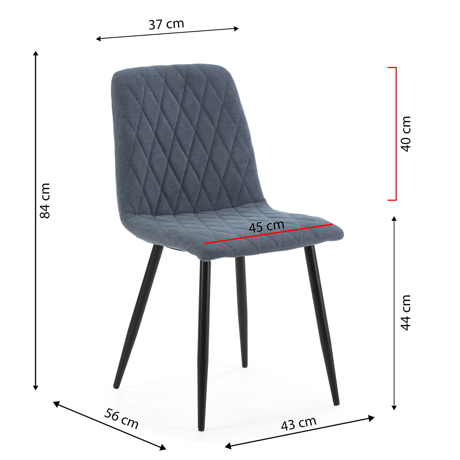Silla tapizada gris con patas negras y dimensiones.