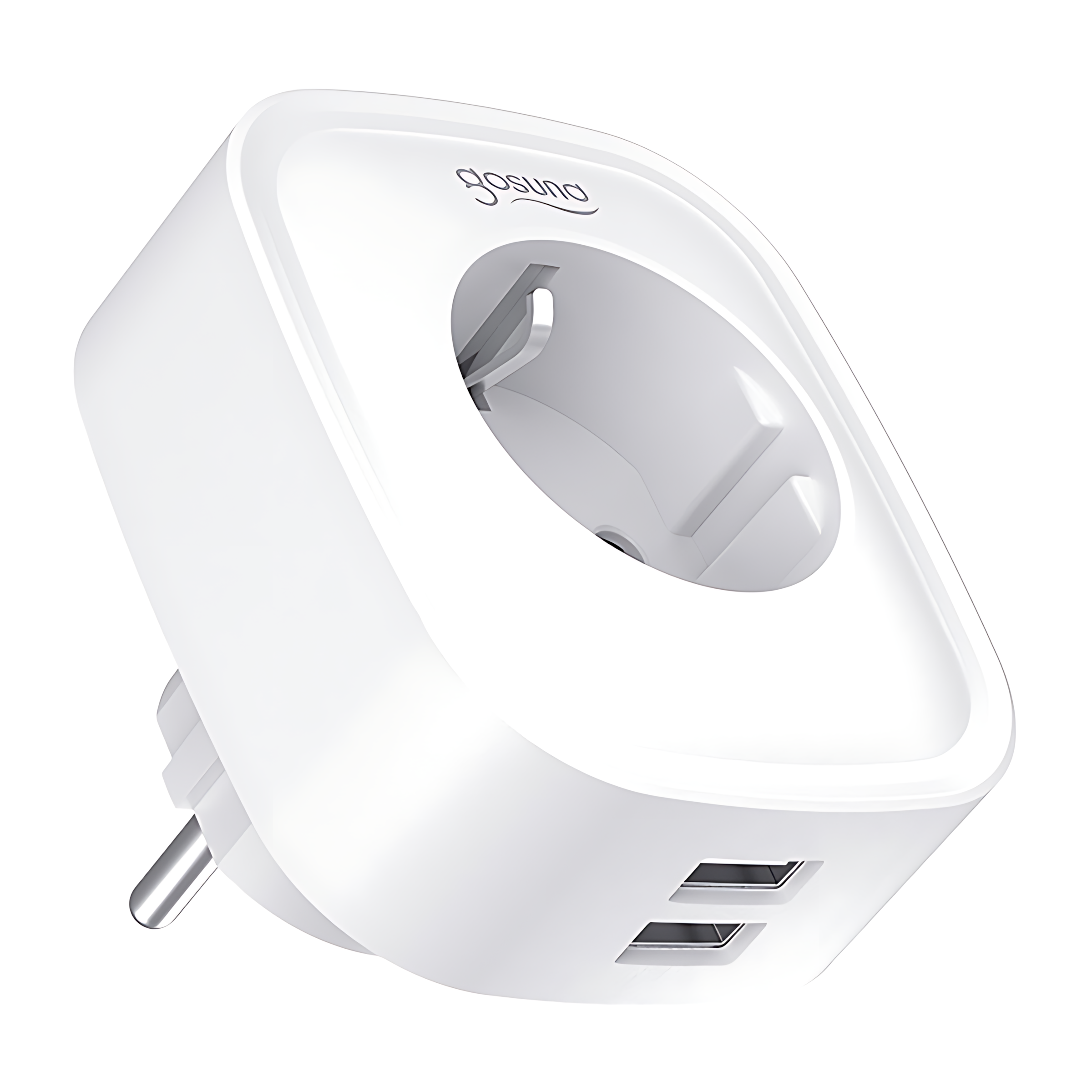 Biały adapter podróżny z dwoma portami USB i wtyczką europejską.