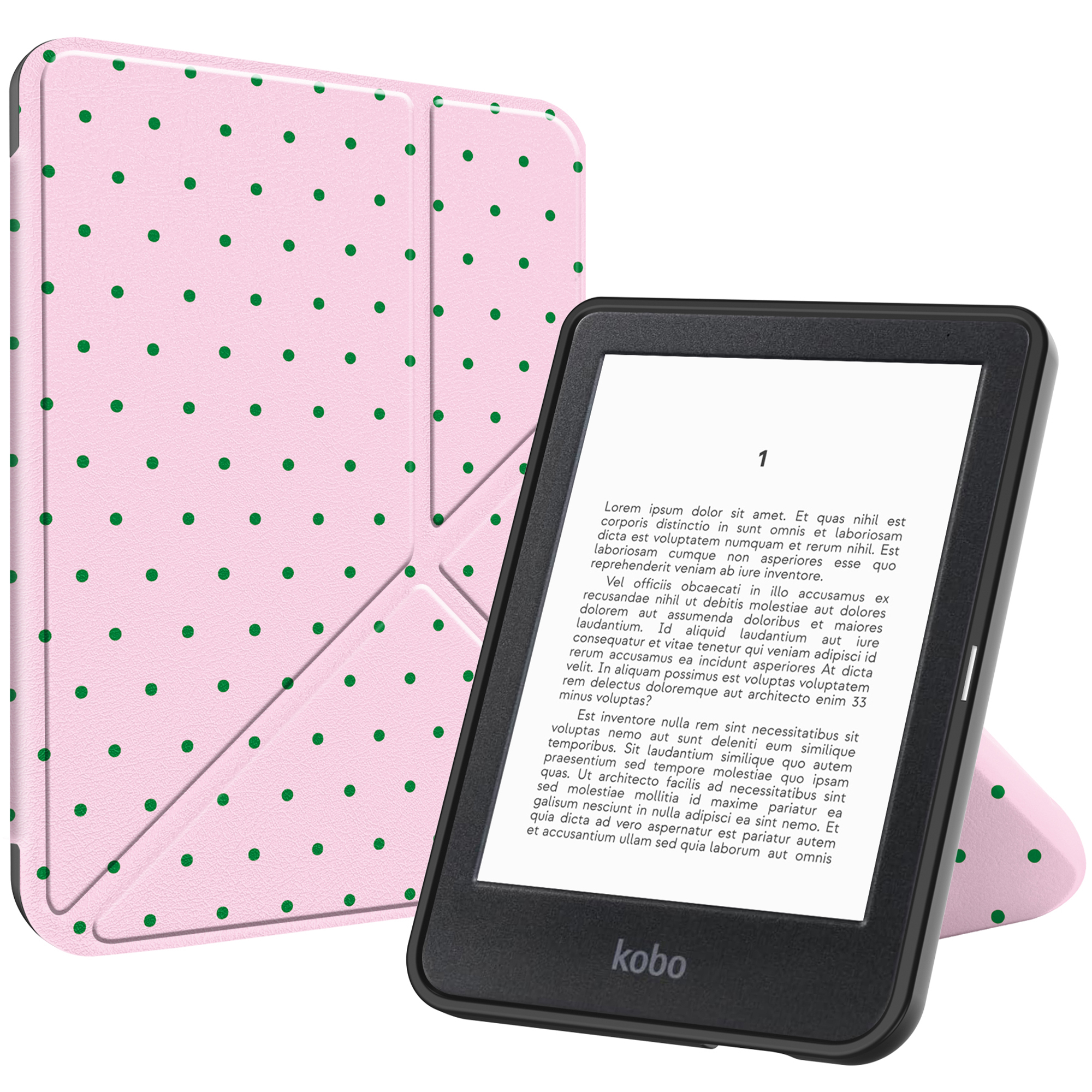 Een roze e-reader hoes met groene stippen en een open e-reader met tekst.