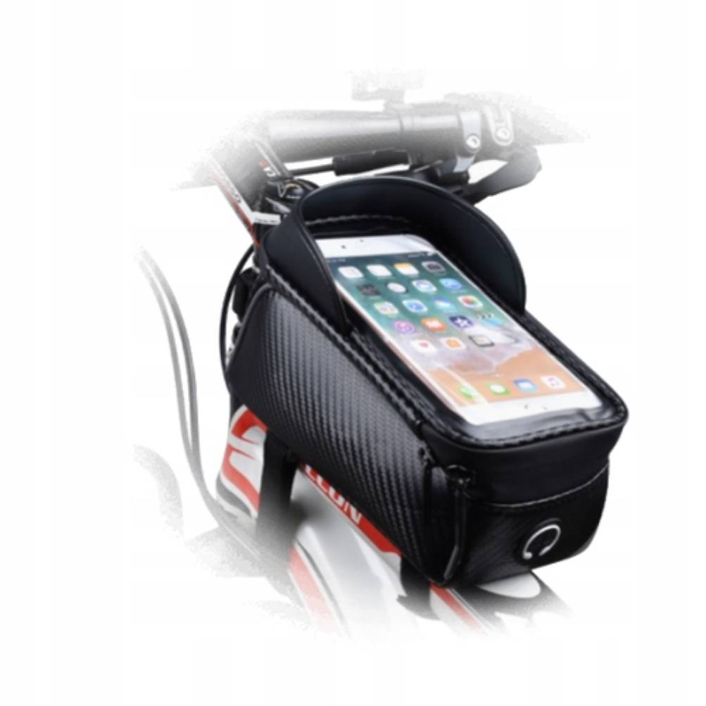 Borsa nera per bicicletta con tasca trasparente per telefono sul manubrio.