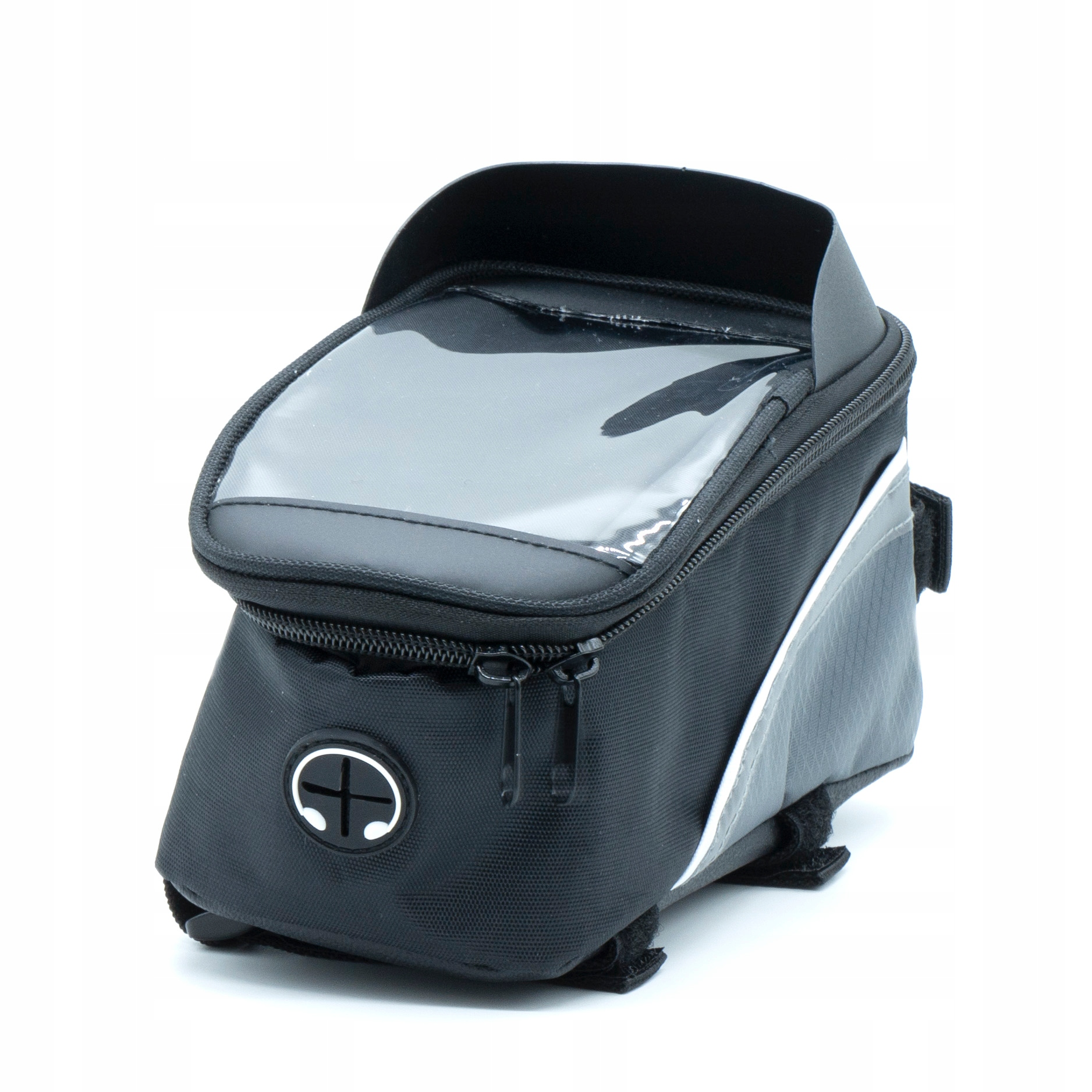 Borsa da bicicletta nera con finestra trasparente e chiusura a zip.