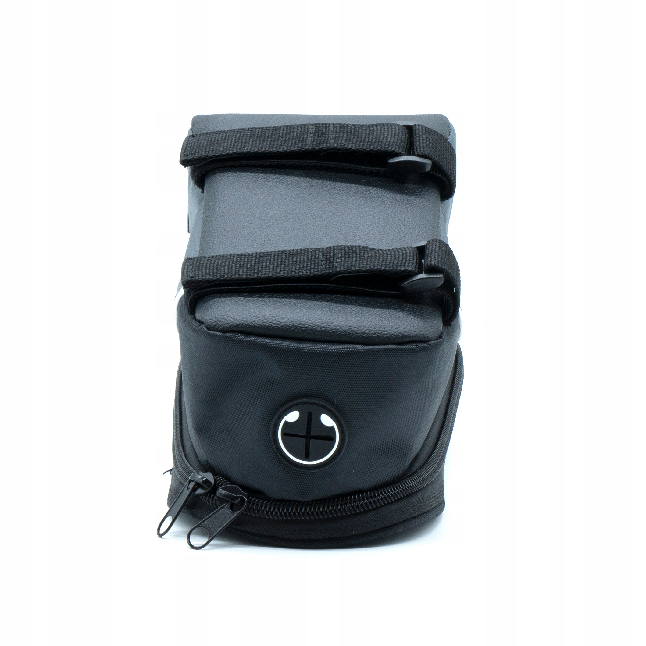 Borsa da bicicletta nera con cerniera e cinghie, logo bianco.