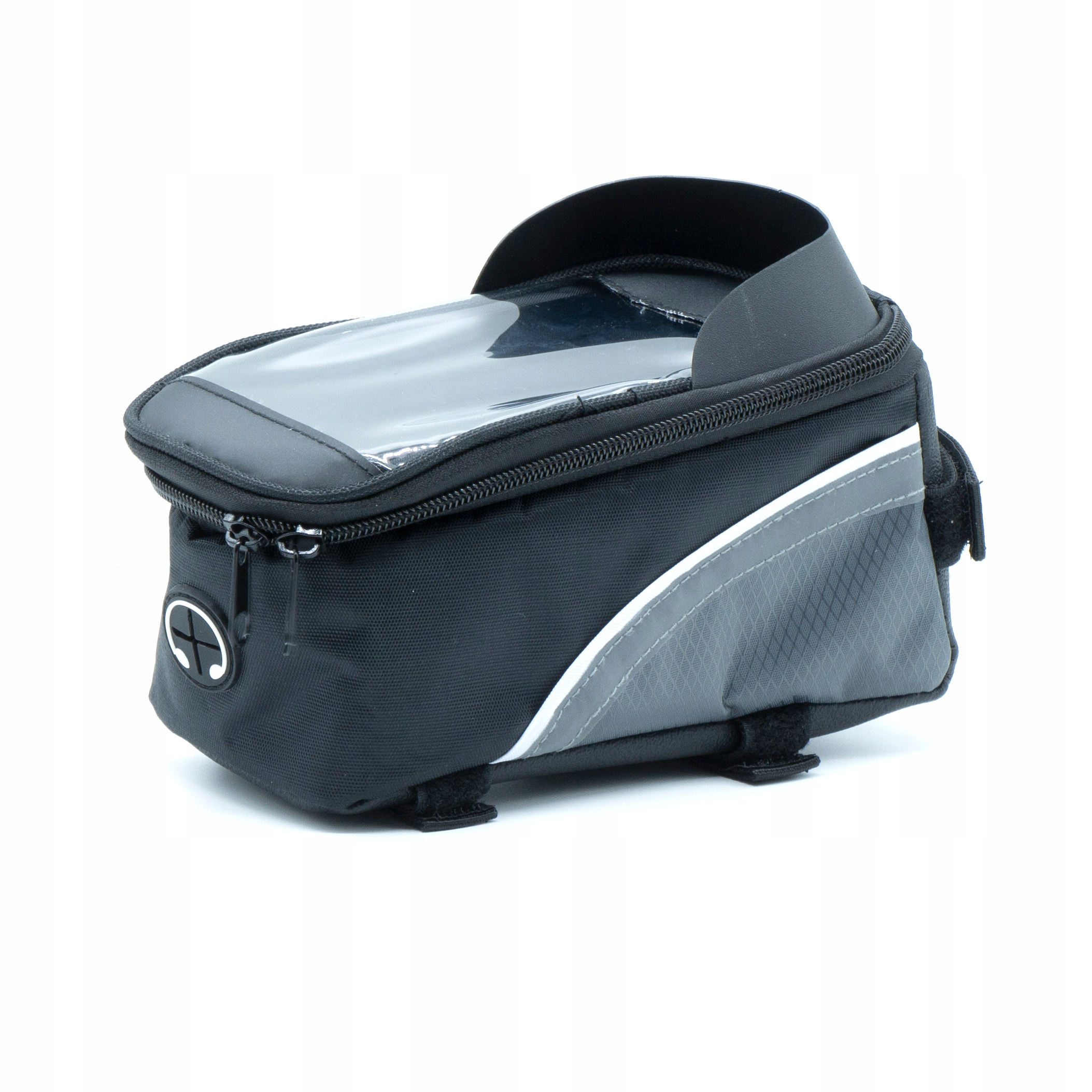 Borsa da bici nera con finestra trasparente e dettagli a strisce riflettenti.