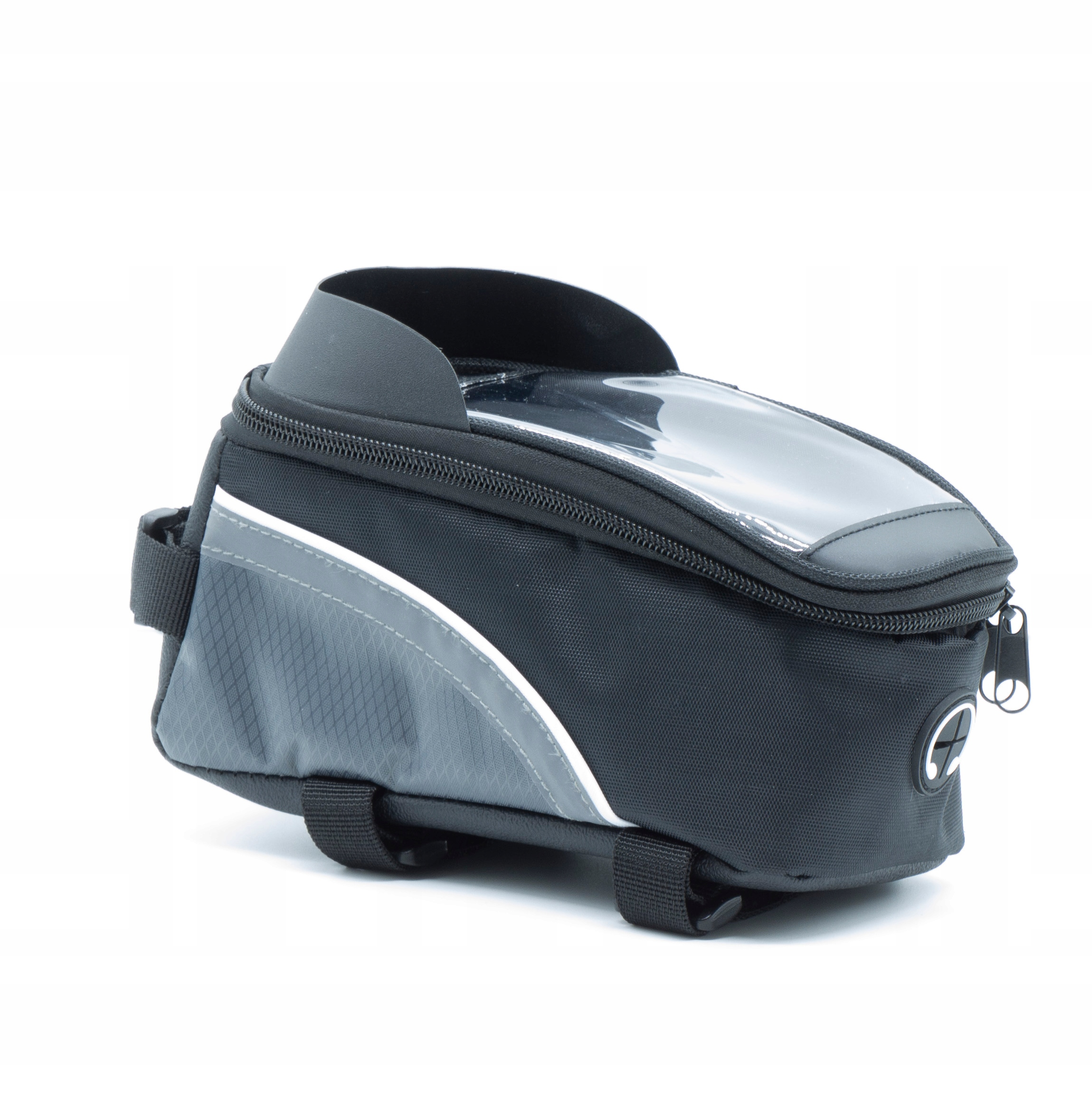 Borsa da bici nera con coperchio trasparente e strisce riflettenti.