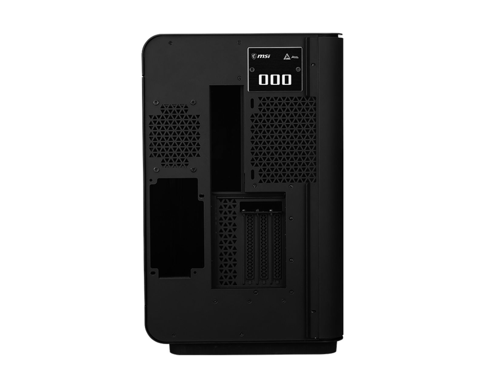 Arrière d'un boîtier d'ordinateur noir avec aérations et ports. Logo MSI visible.