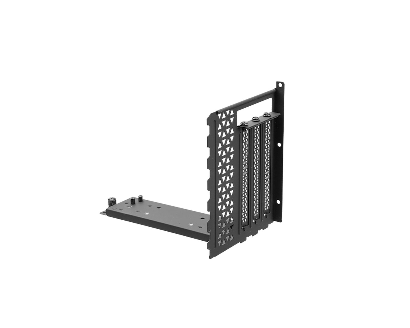 Support métallique noir pour boîtier d'ordinateur avec sections perforées et points de montage.