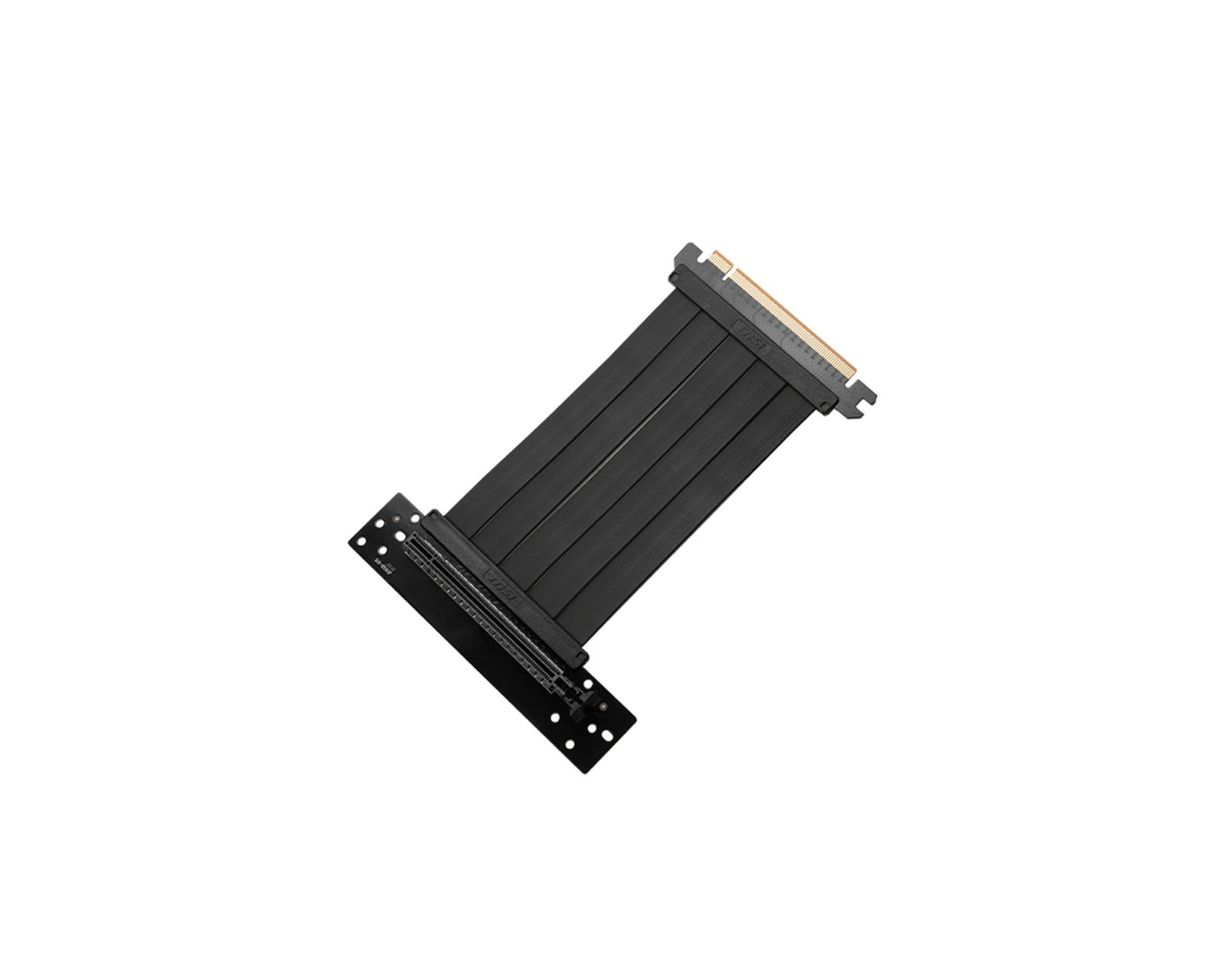 Câble riser PCI-E noir avec connecteurs dorés et support noir.