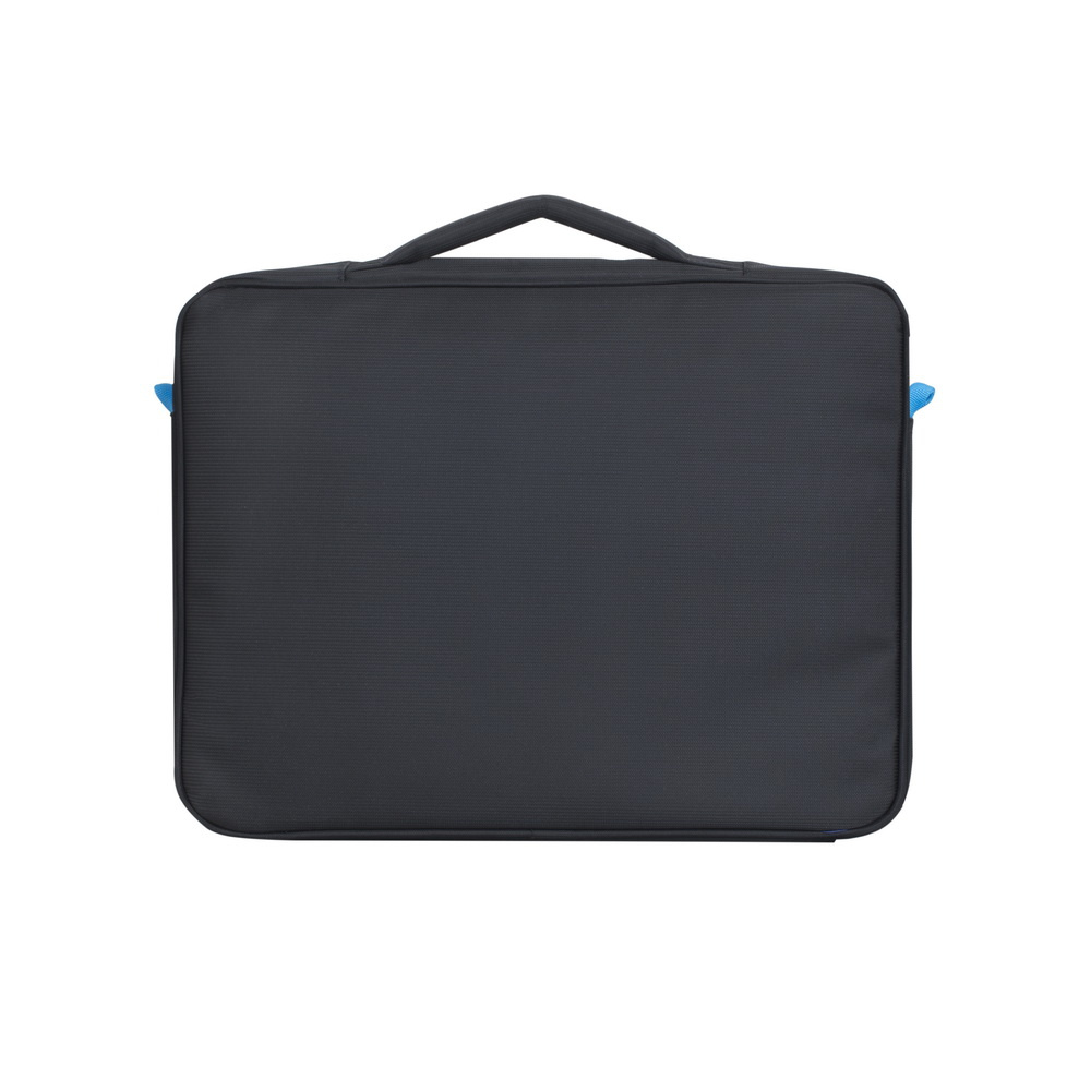 Ciemna torba na laptop z uchwytem i niebieskimi pętelkami po bokach.