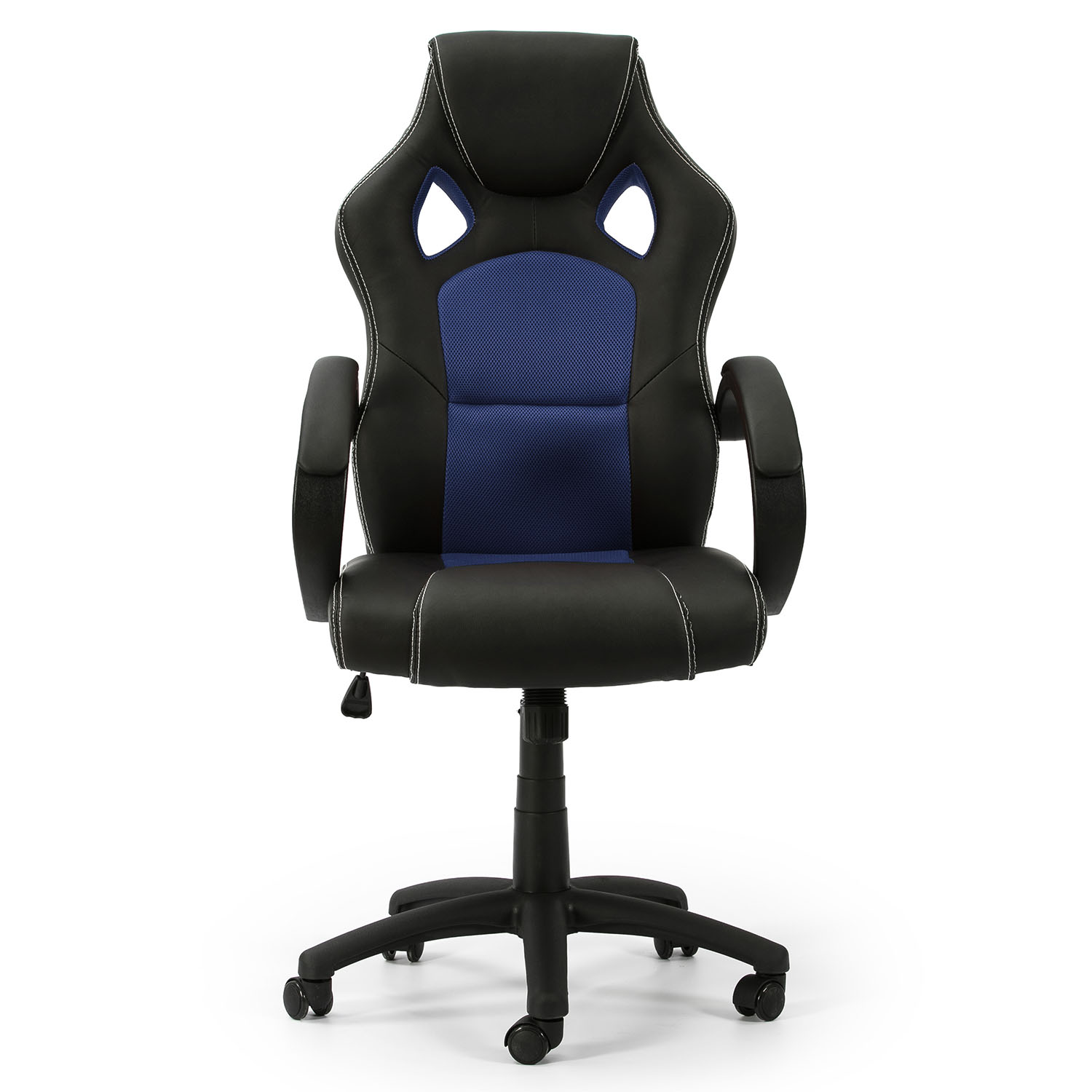 Una silla de oficina negra con inserciones de tela azul y costuras blancas.