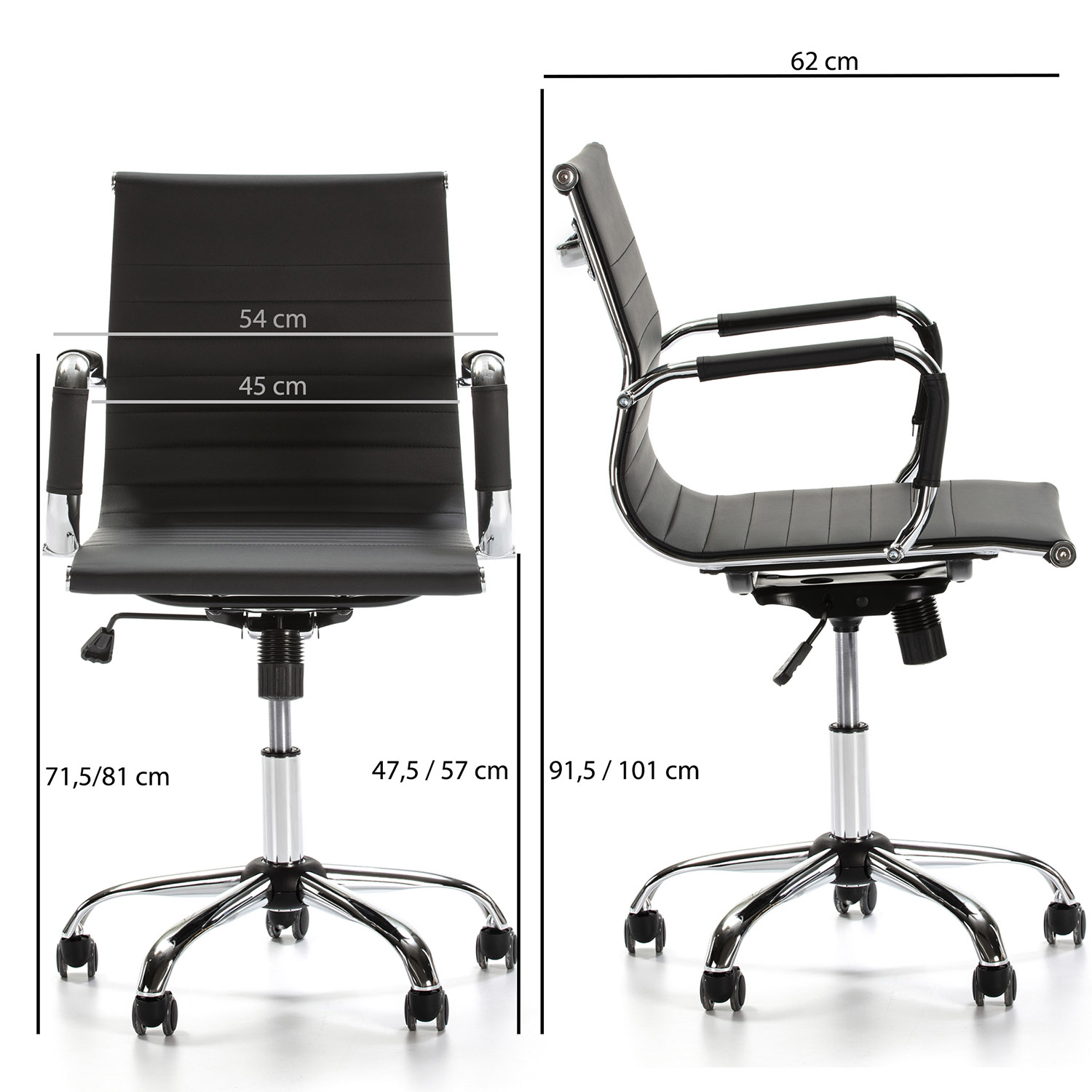 Silla de oficina negra con detalles cromados y ruedas, dimensiones indicadas.