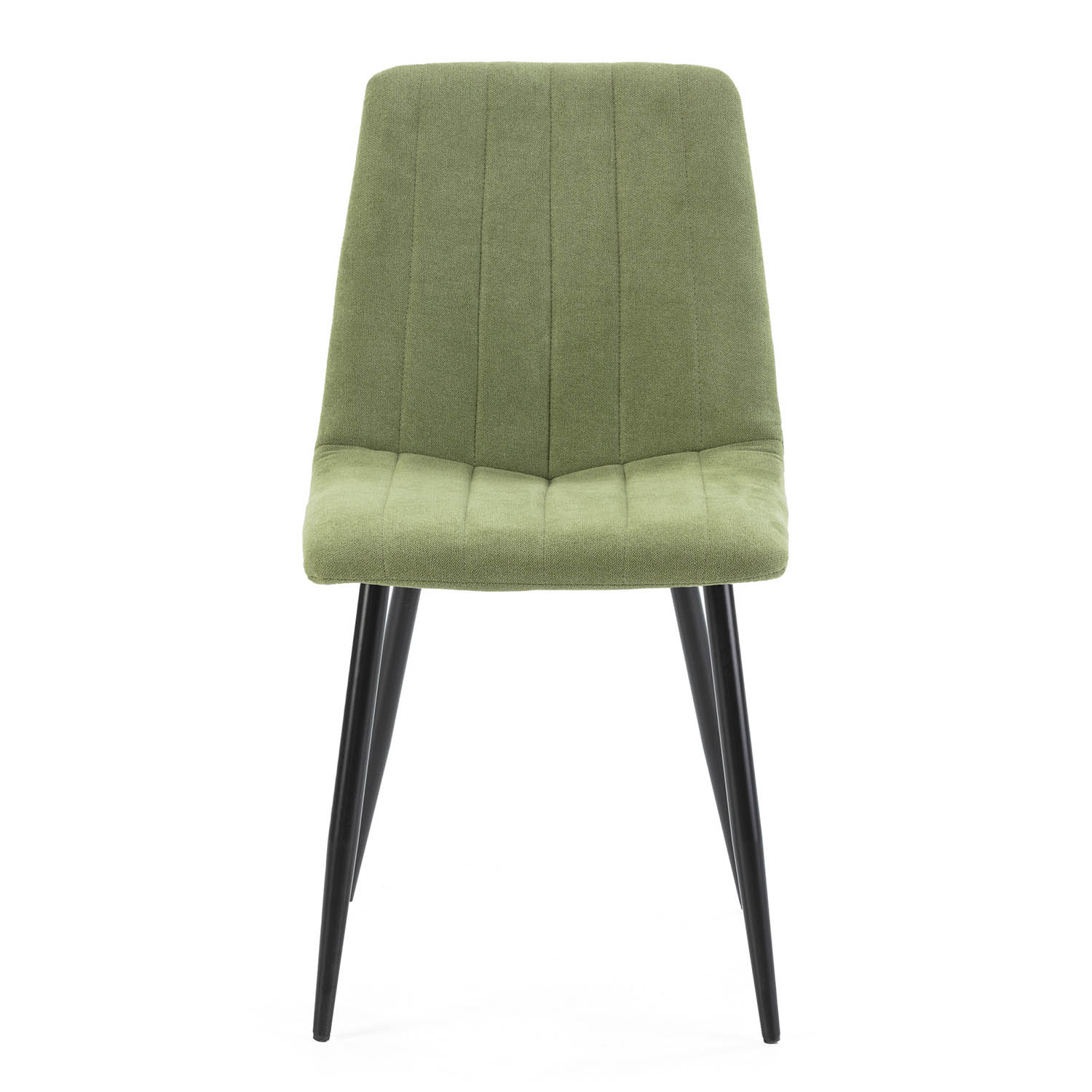 Una silla acolchada en verde oliva con patas negras.