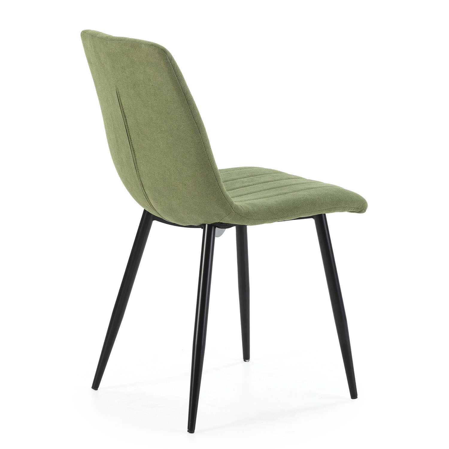 Una silla de tela verde con patas de metal negro, vista de lado.