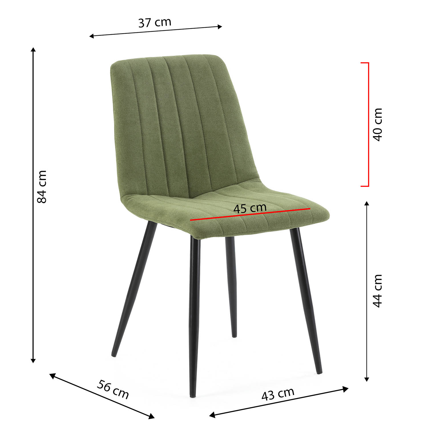 Silla verde con patas negras, dimensiones: Al84xAn37xPr43 cm.