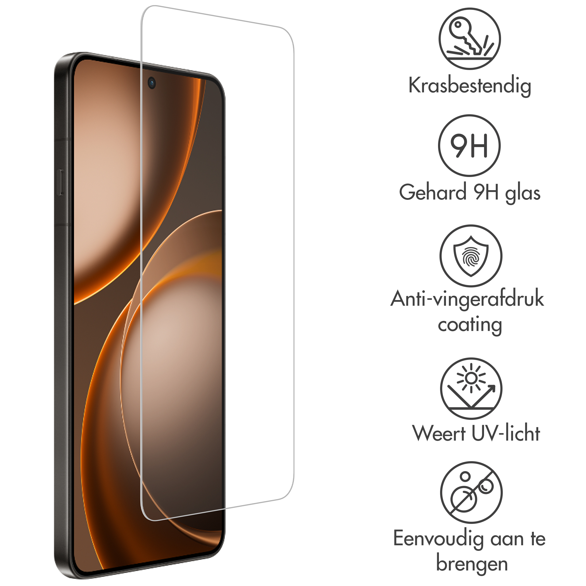 Protecteur d'écran pour smartphone avec icônes résistance aux rayures, dureté 9H, anti-traces.