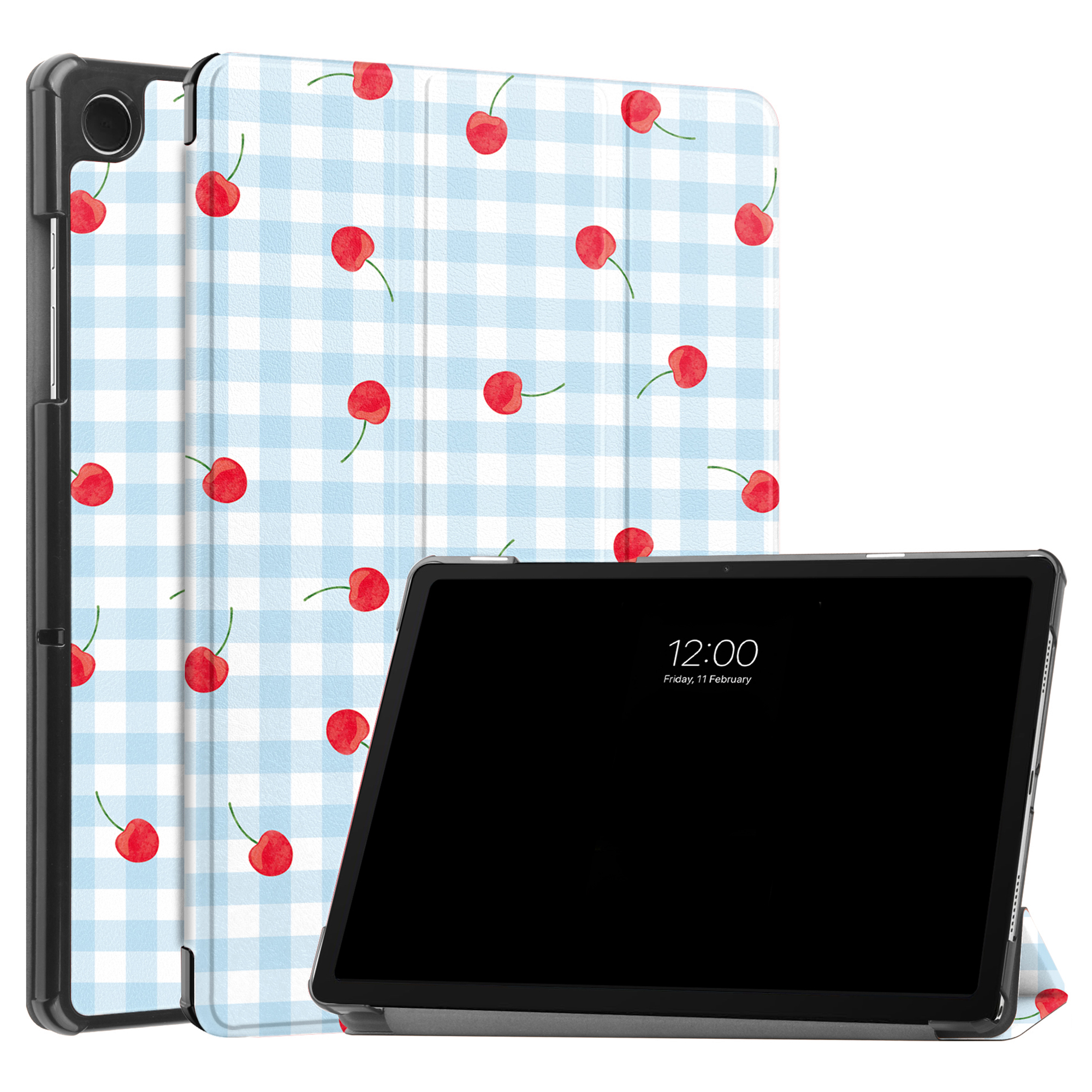 A tablet with a blue checkered case featuring red cherries.