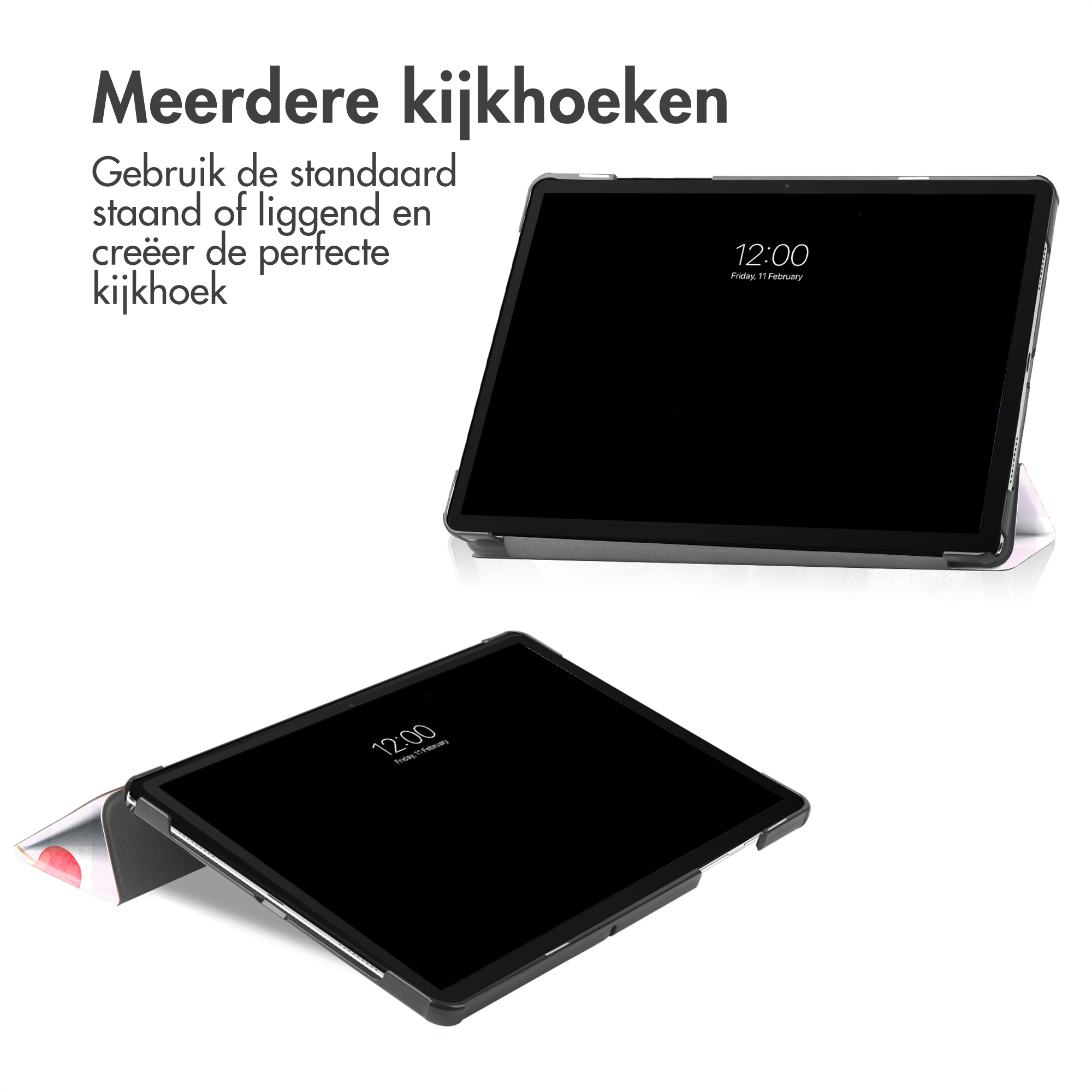 Two tablets in protective cases, one upright, one flat, showing different viewing angles.