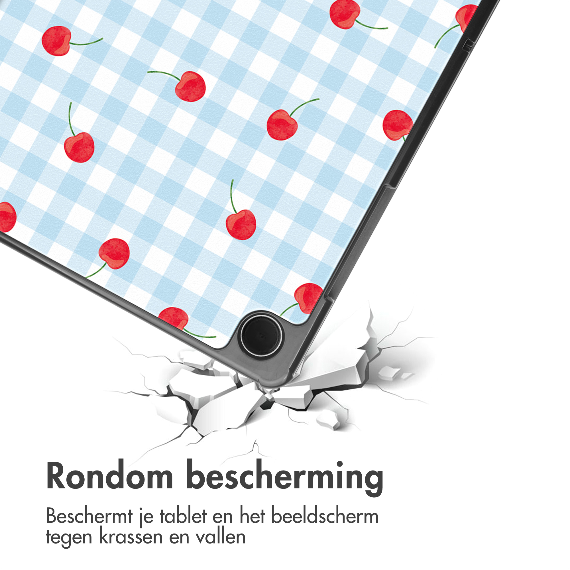 Tablet case with cherry pattern falls and breaks white surface.