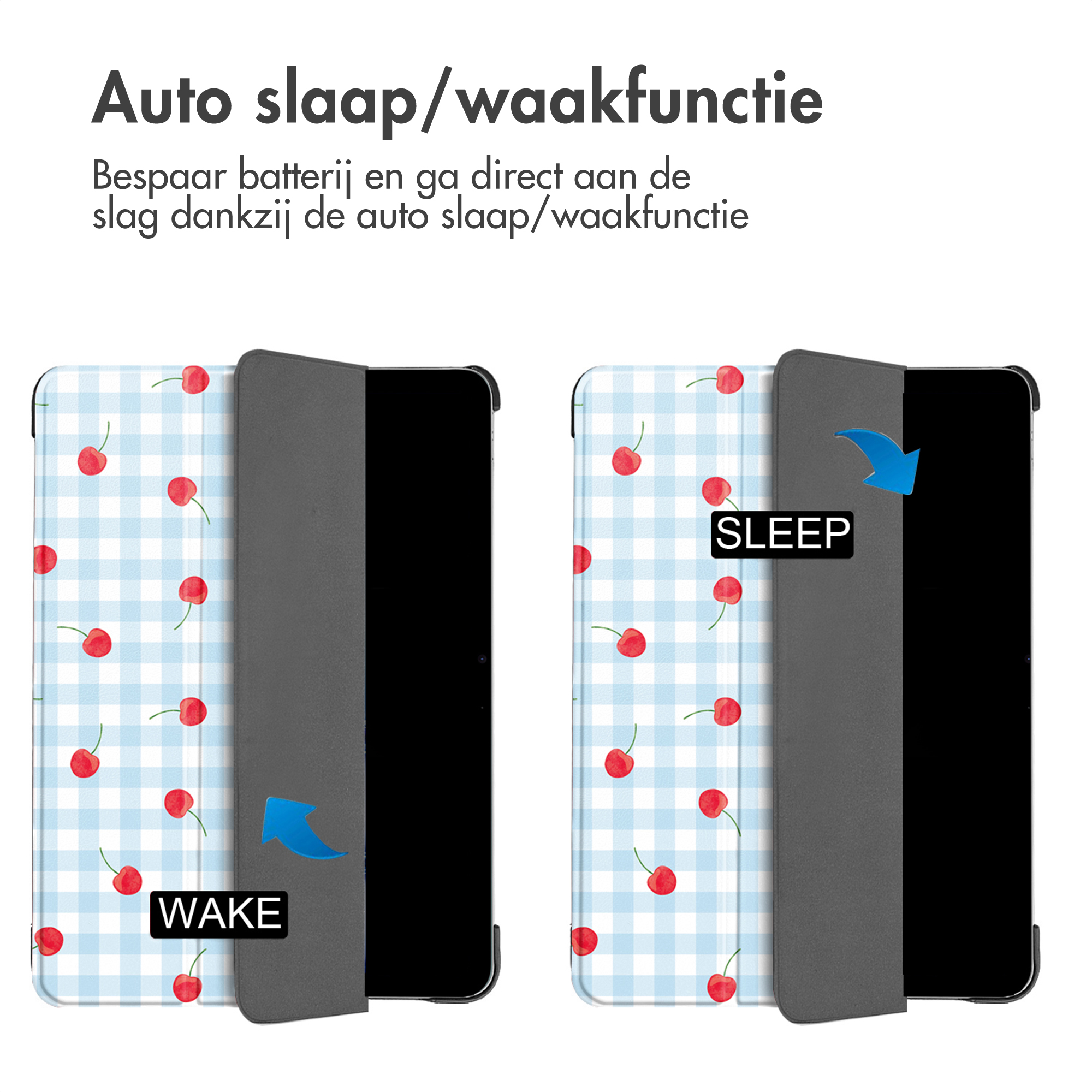 Tablet case with cherry pattern showing wake and sleep modes.