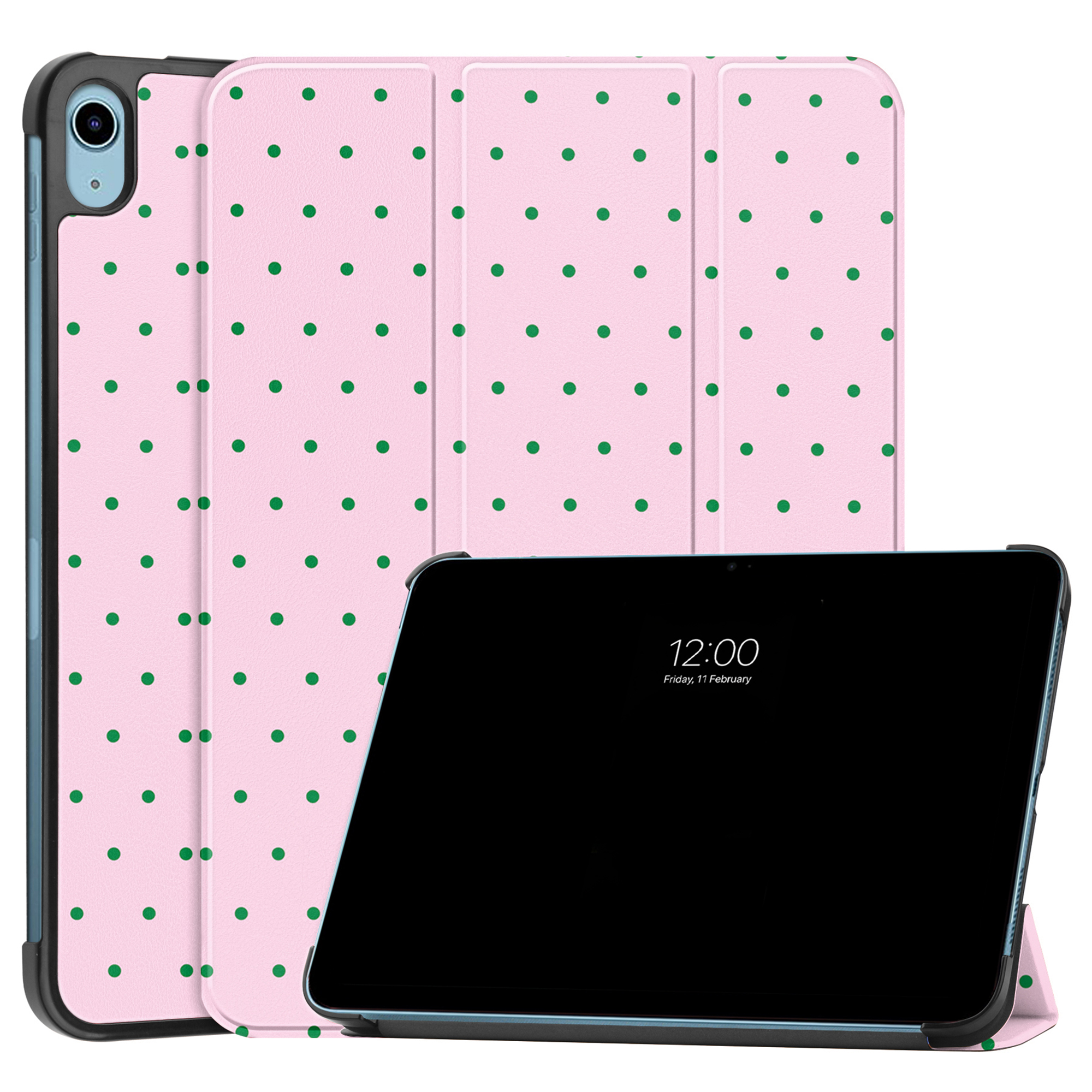 Een roze tablethoes met groene stippen staat rechtop, een tablet is geplaatst.