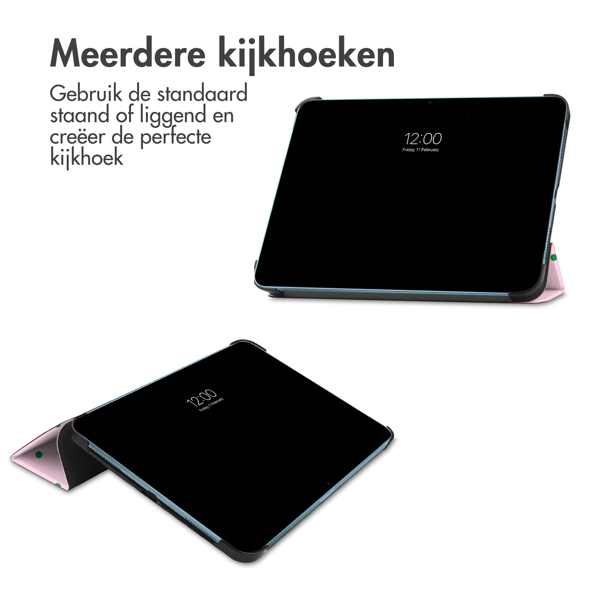 Een tablet in twee weergaven, met een foliohoes die als standaard dient.