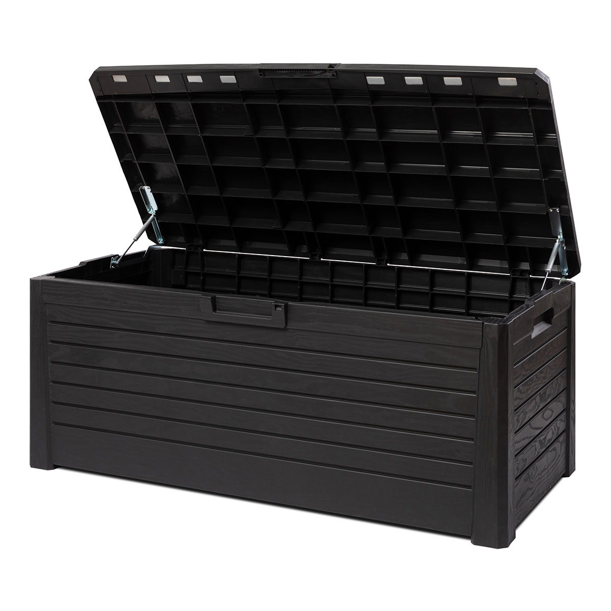 Une boîte de rangement noire avec son couvercle ouvert, texture grain de bois.