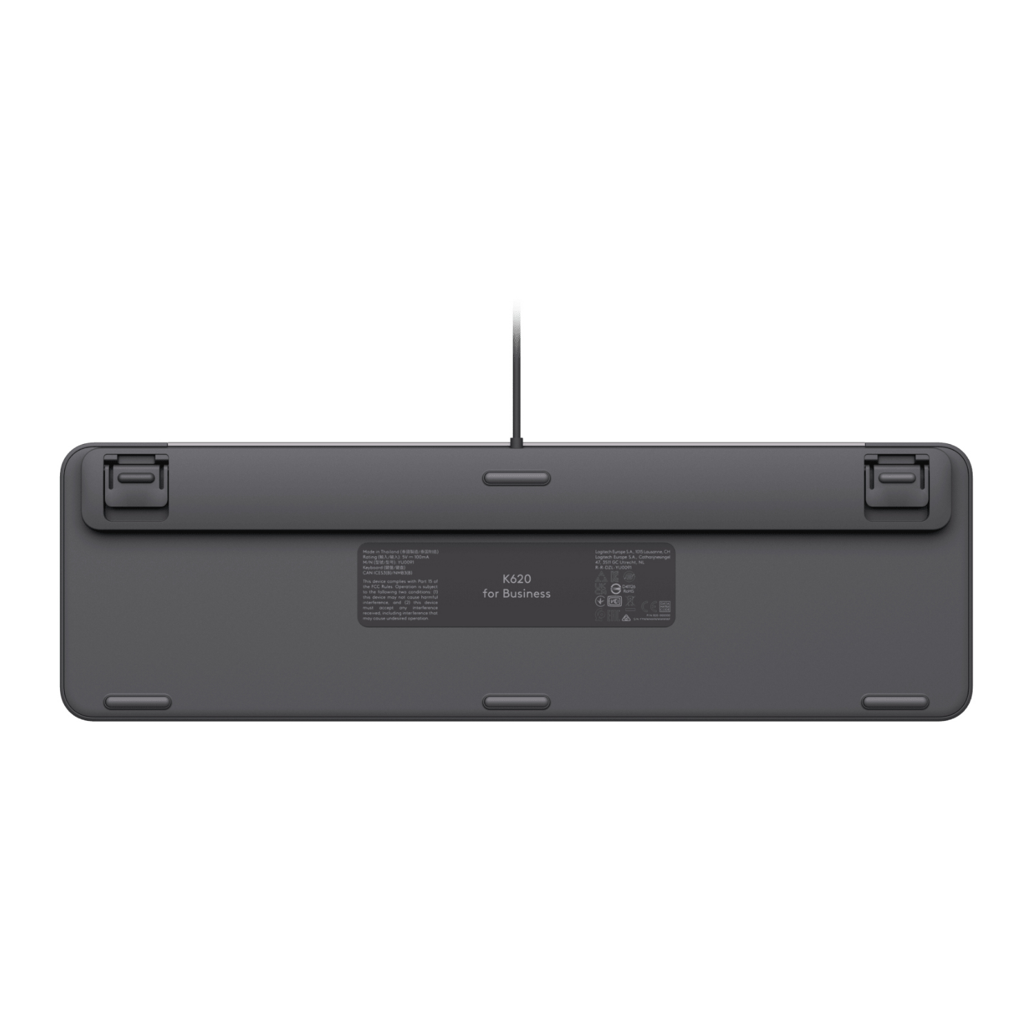 Parte inferiore di una tastiera scura con etichetta 'K620 for Business'.