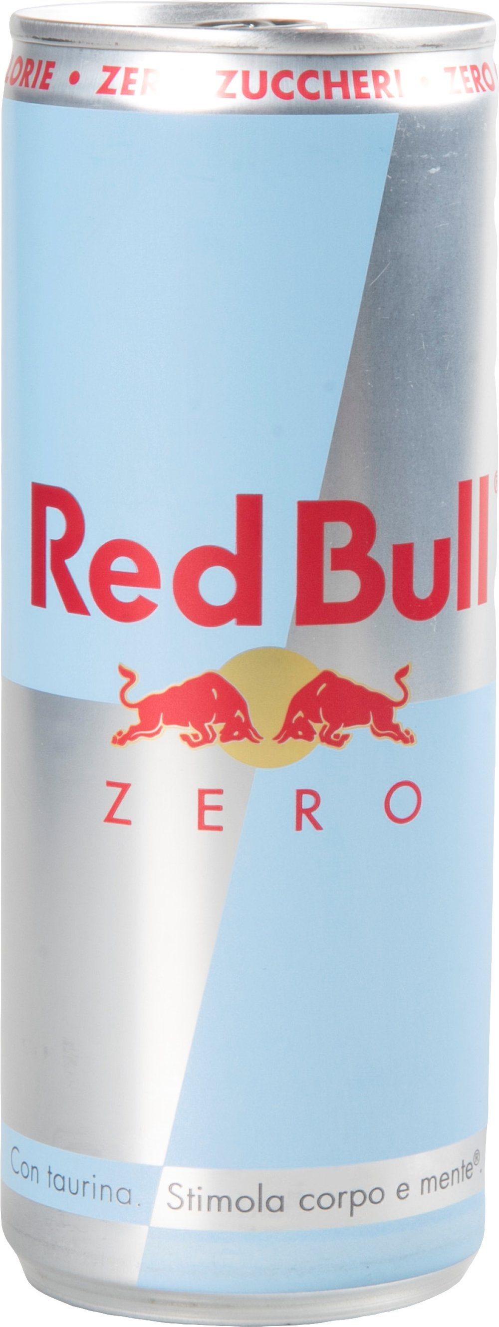 Lattina Red Bull Zero con tori rossi e scritte su sfondo blu e argento.