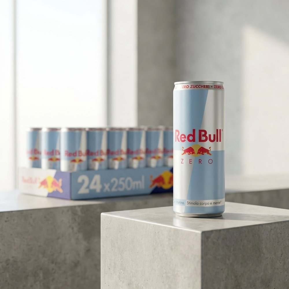 Lattine Red Bull Zero in esposizione. Una lattina a fuoco, con una cassa da 24 lattine dietro.