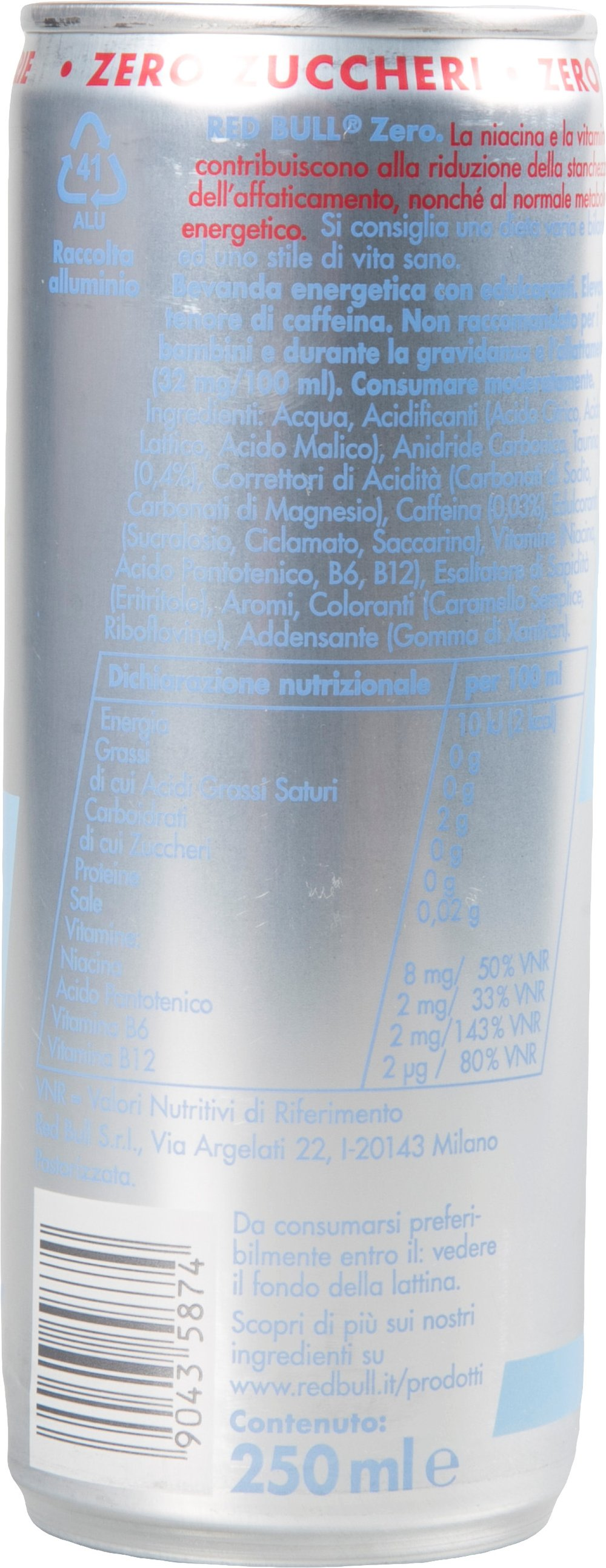 Lattina argento con logo Red Bull Zero rosso e informazioni nutrizionali italiane.